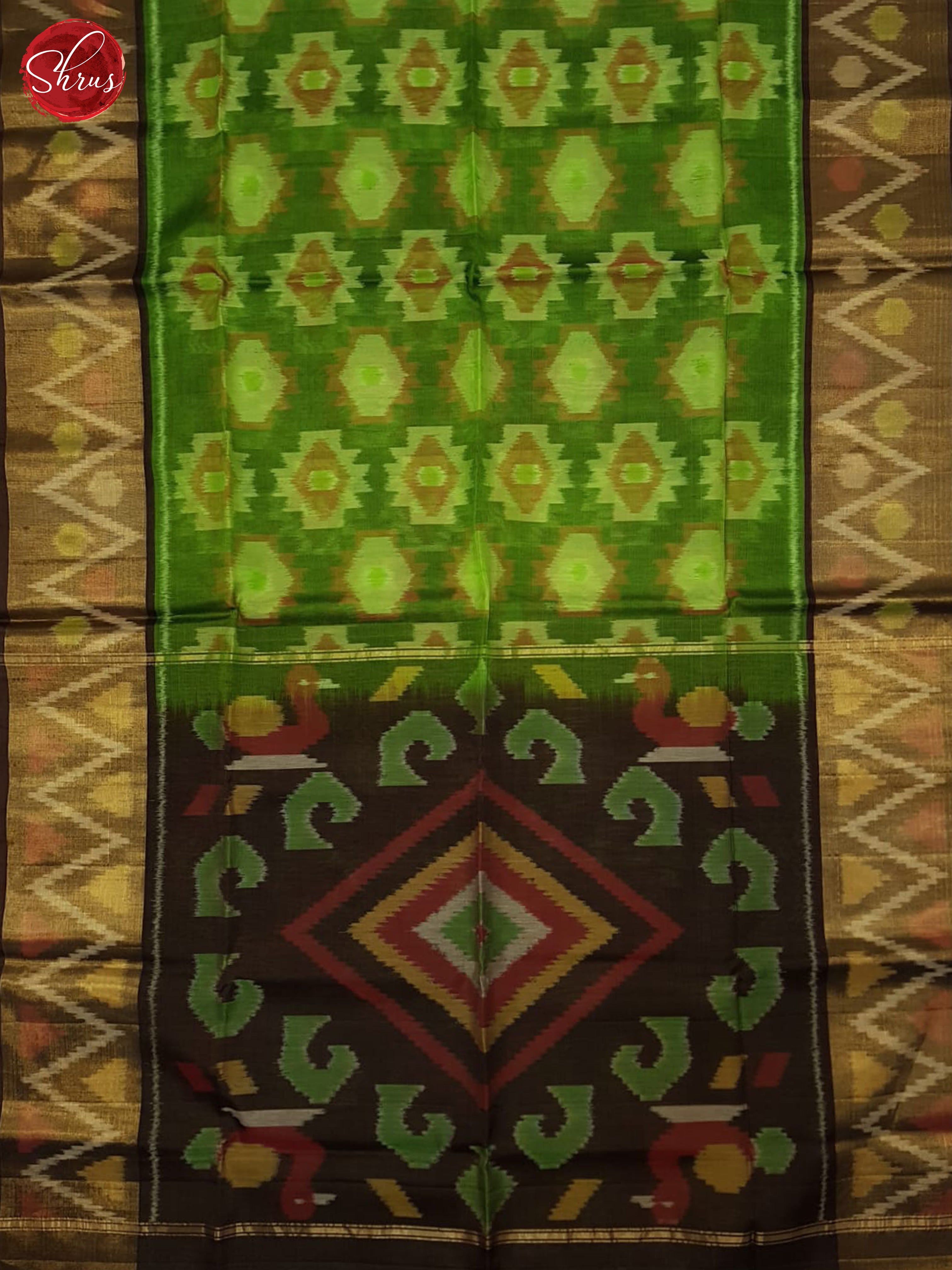 Green And Brown-Pochampally Silk Cotton Saree - Shop on ShrusEternity.com