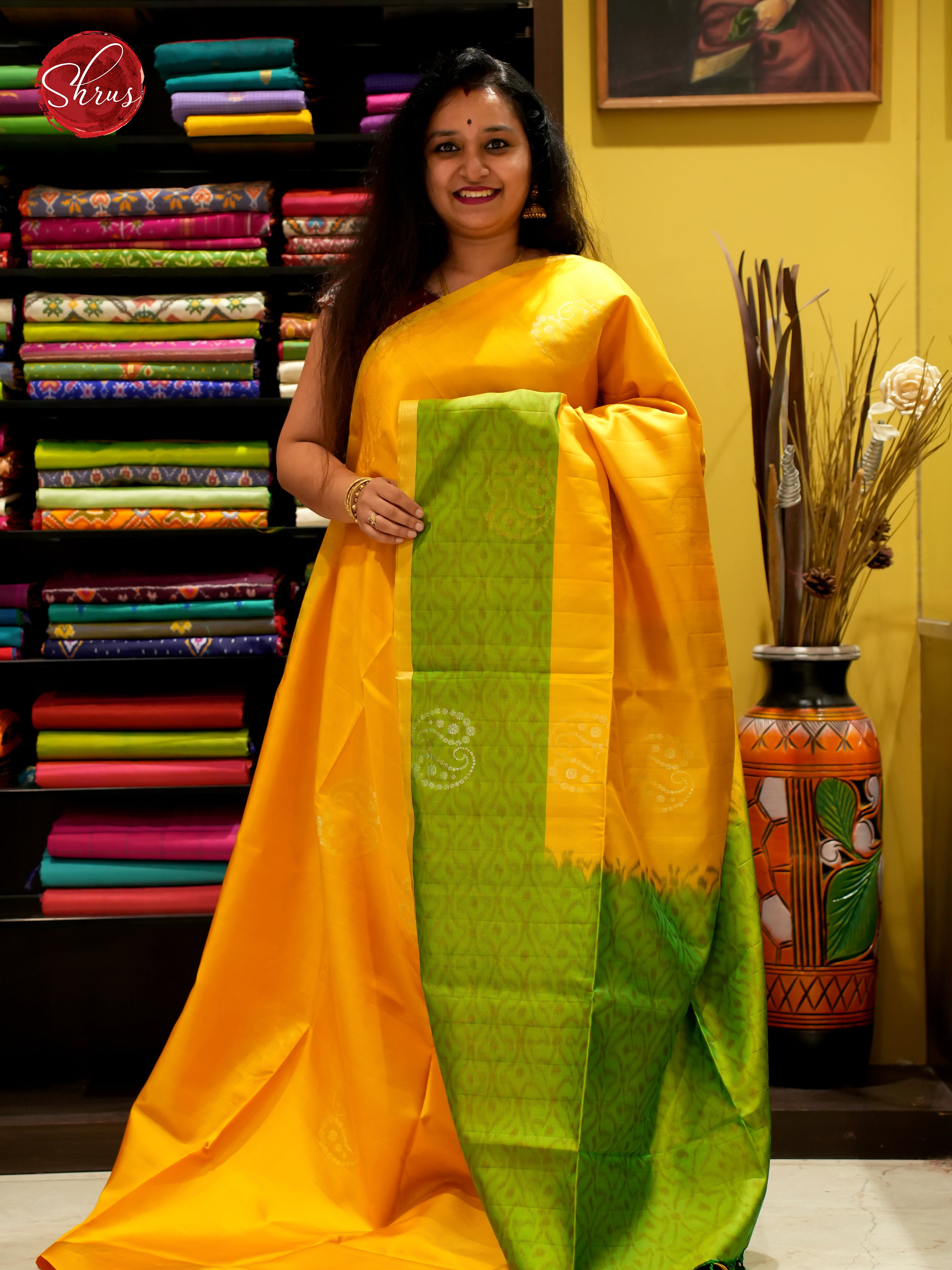 Yellow and Green - Soft Silk Saree - Shop on ShrusEternity.com