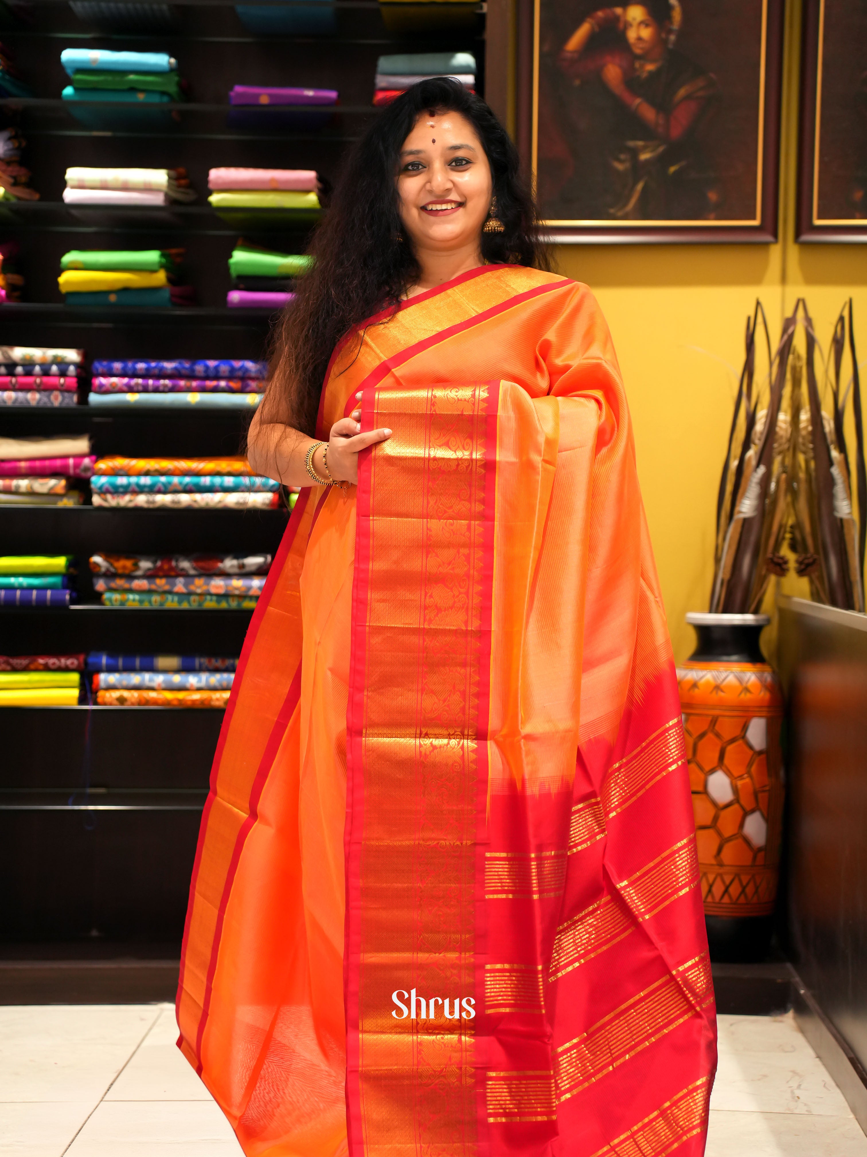 Orangish Pink And Red-Silk Cotton Saree - Shop on ShrusEternity.com