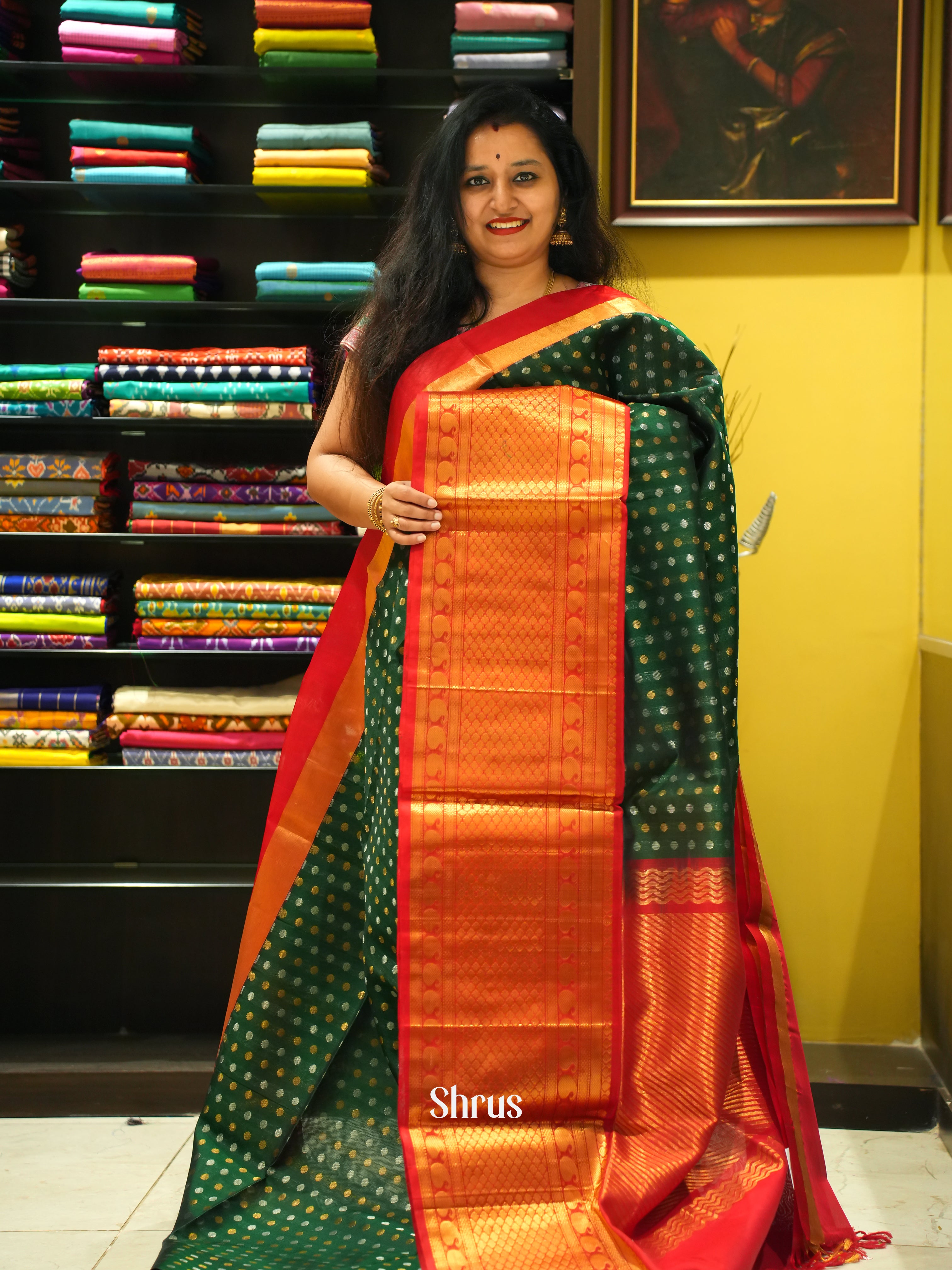 Green And Red- Silk cotton saree - Shop on ShrusEternity.com
