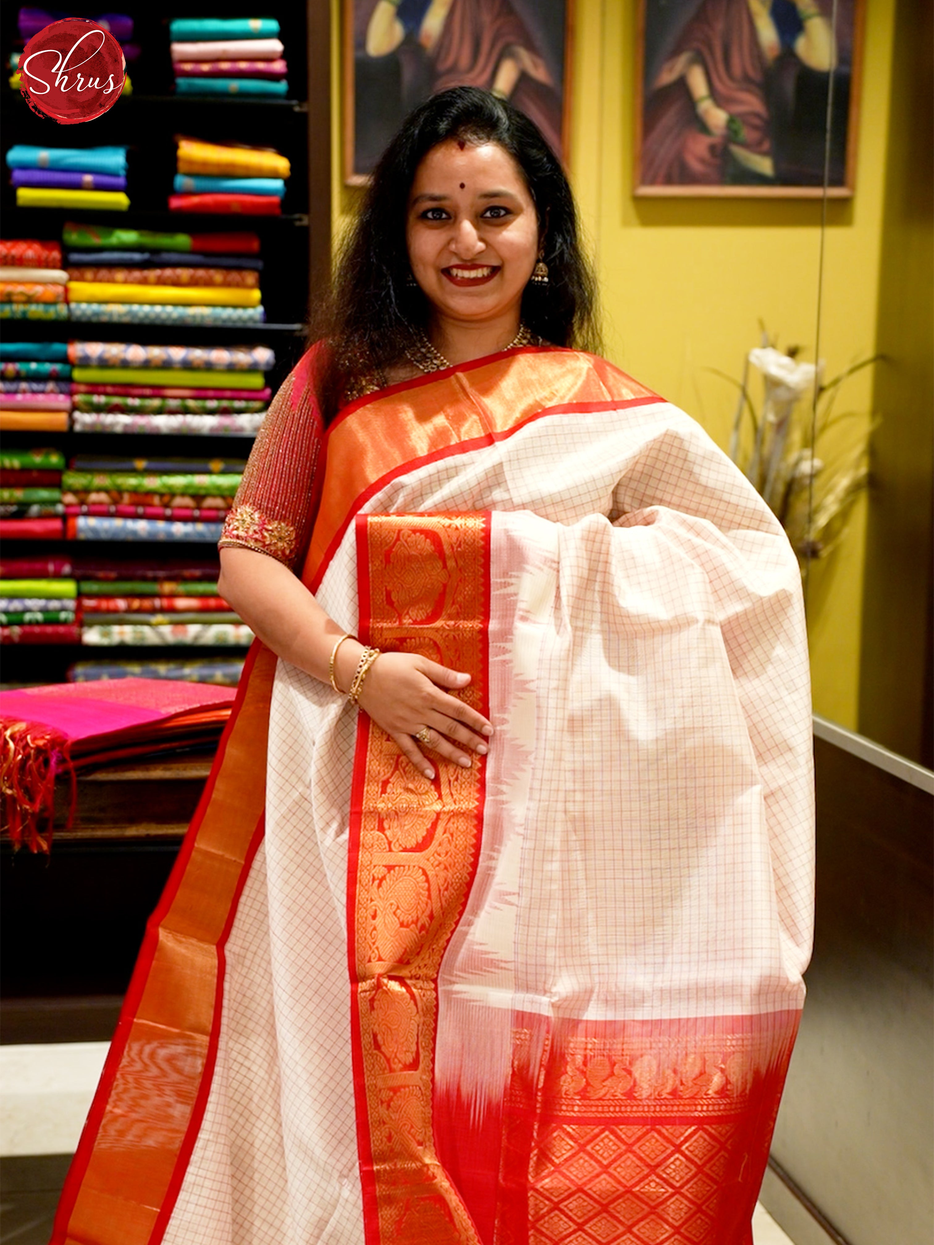Cream and Red- Silk Cotton Saree - Shop on ShrusEternity.com