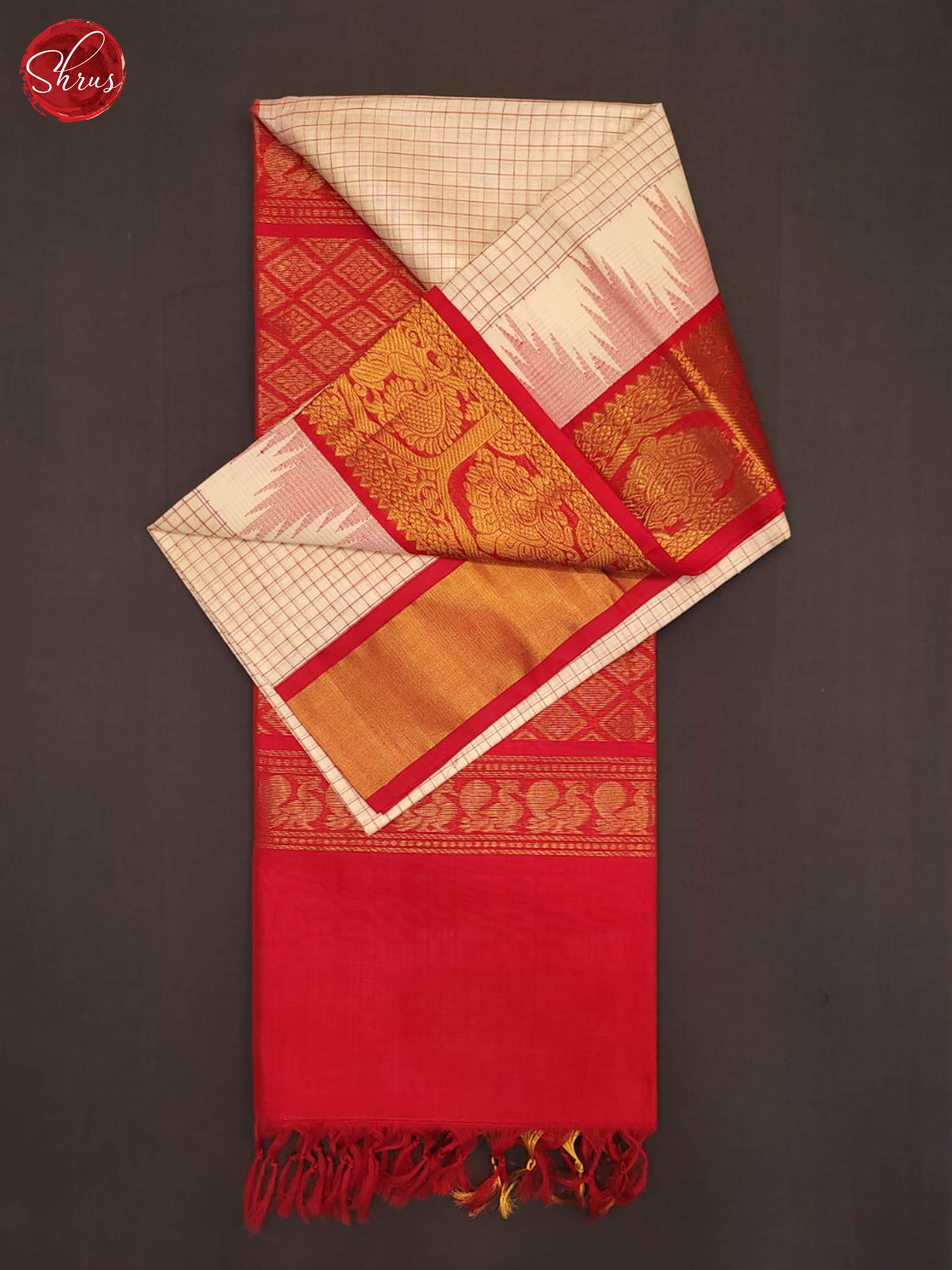 Cream and Red- Silk Cotton Saree - Shop on ShrusEternity.com