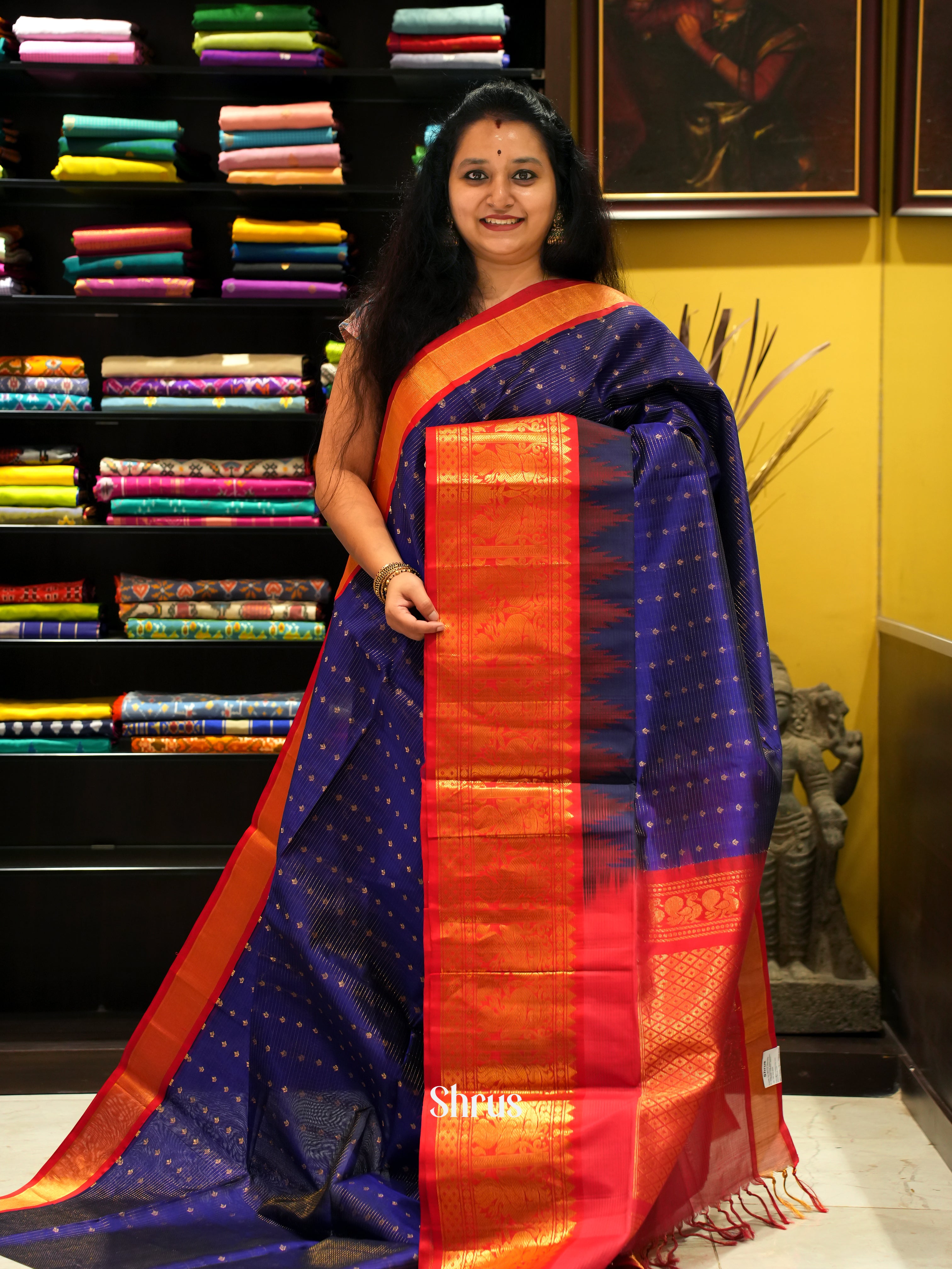 Blue And Red- Silk cotton Saree - Shop on ShrusEternity.com