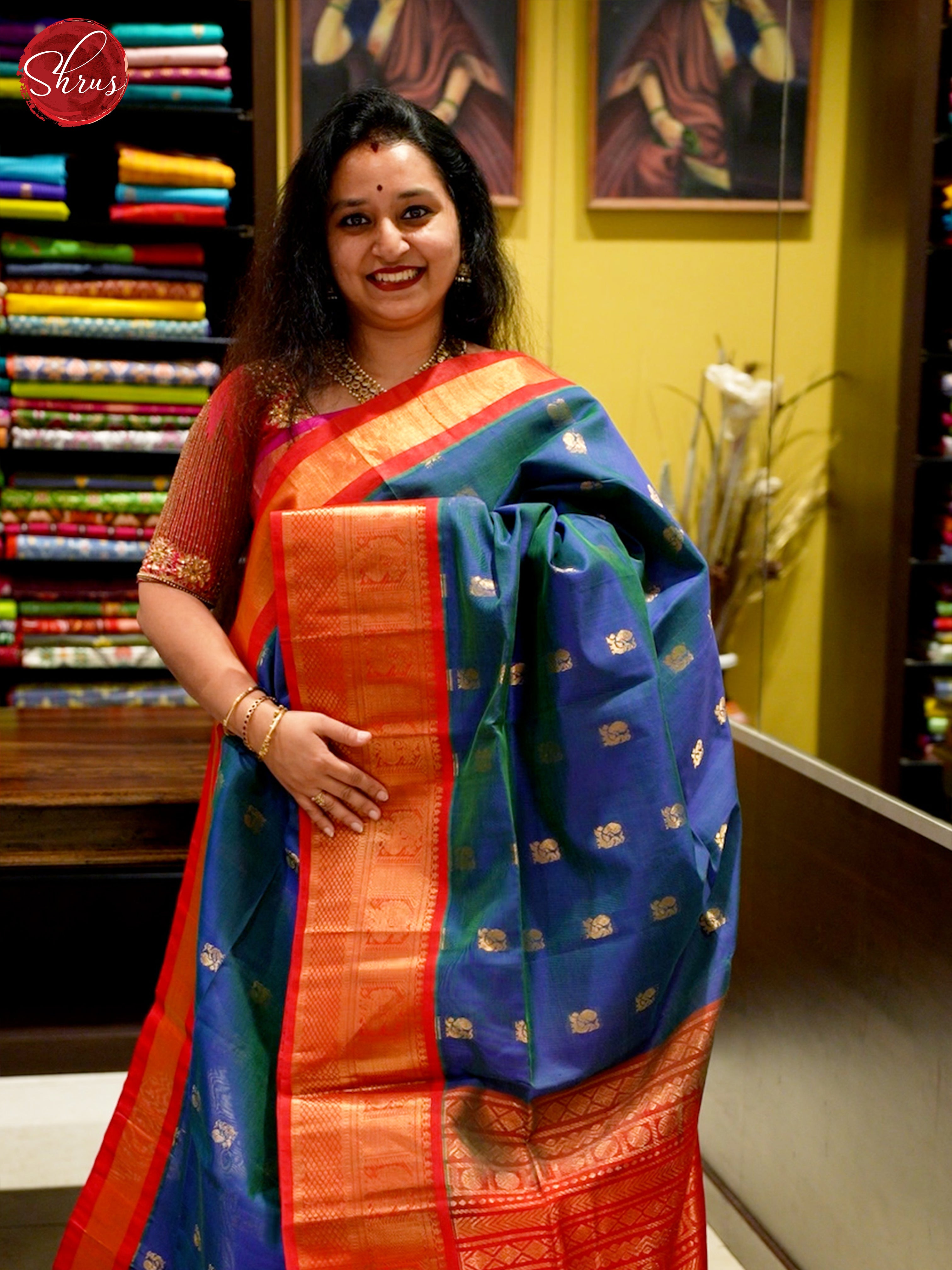 Blue And Red- Silk Cotton Saree - Shop on ShrusEternity.com
