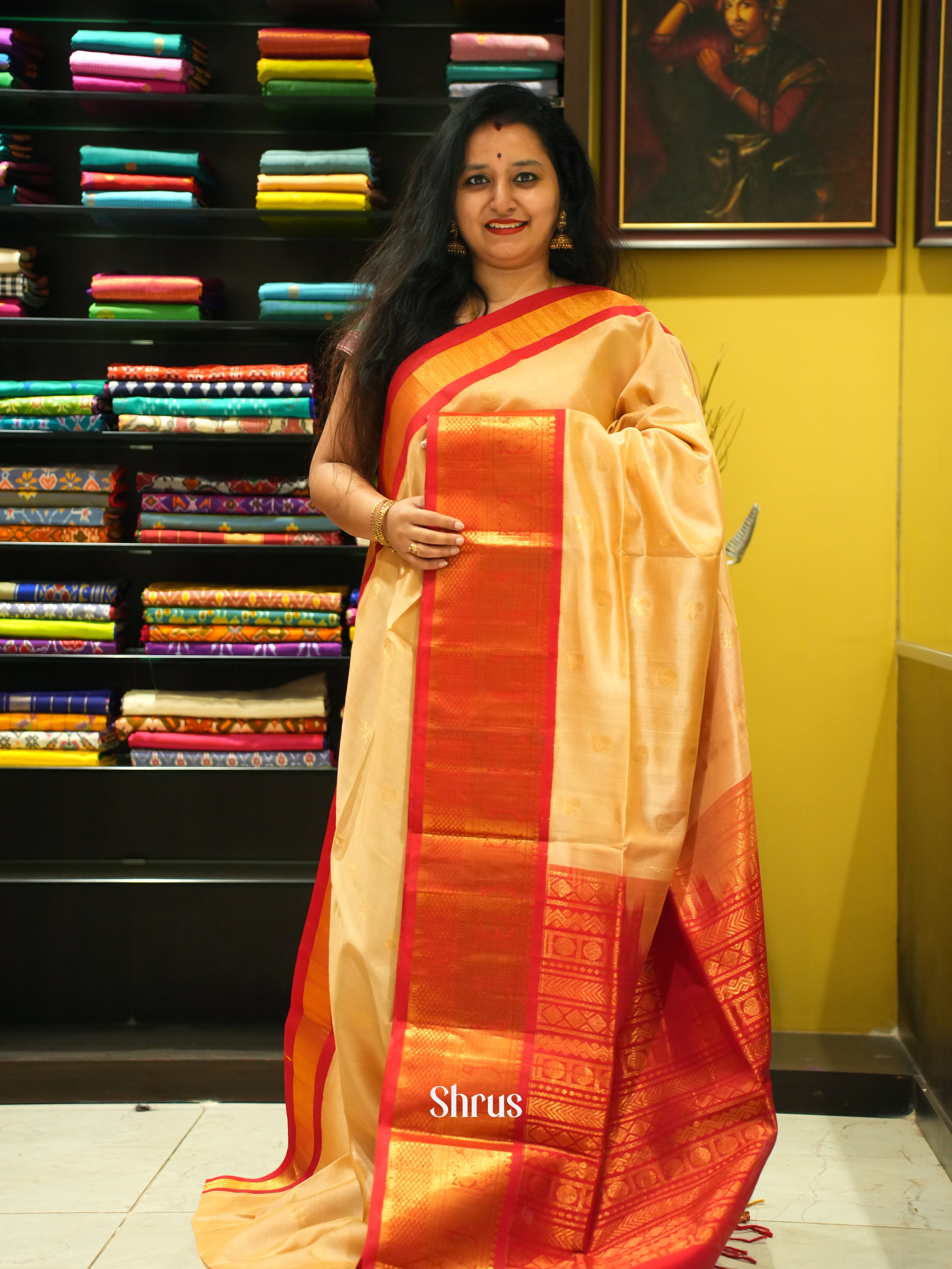 Beige And Red-Silk cotton saree - Shop on ShrusEternity.com