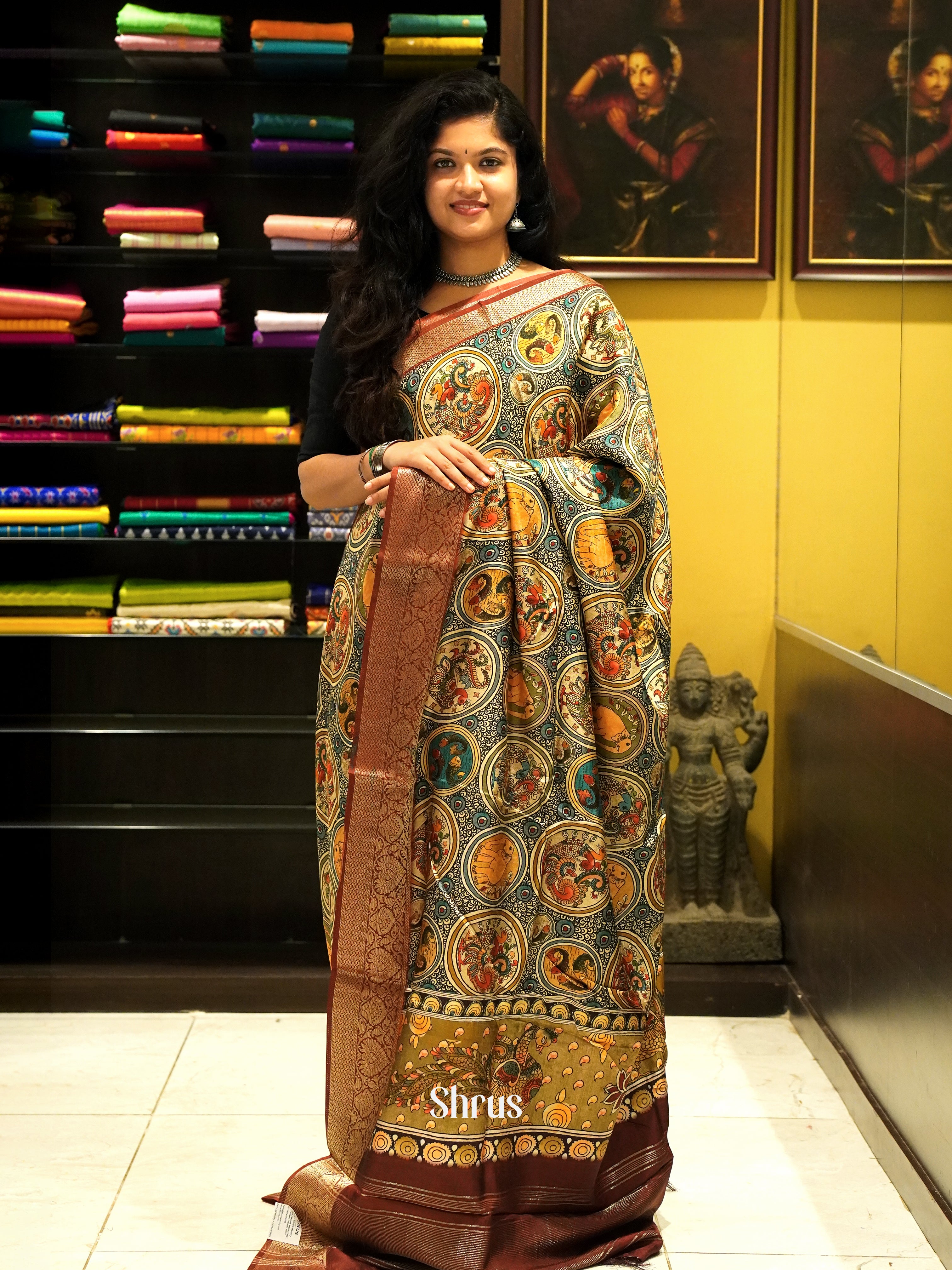 Beige And Araku Maroon-Semi crepe saree - Shop on ShrusEternity.com