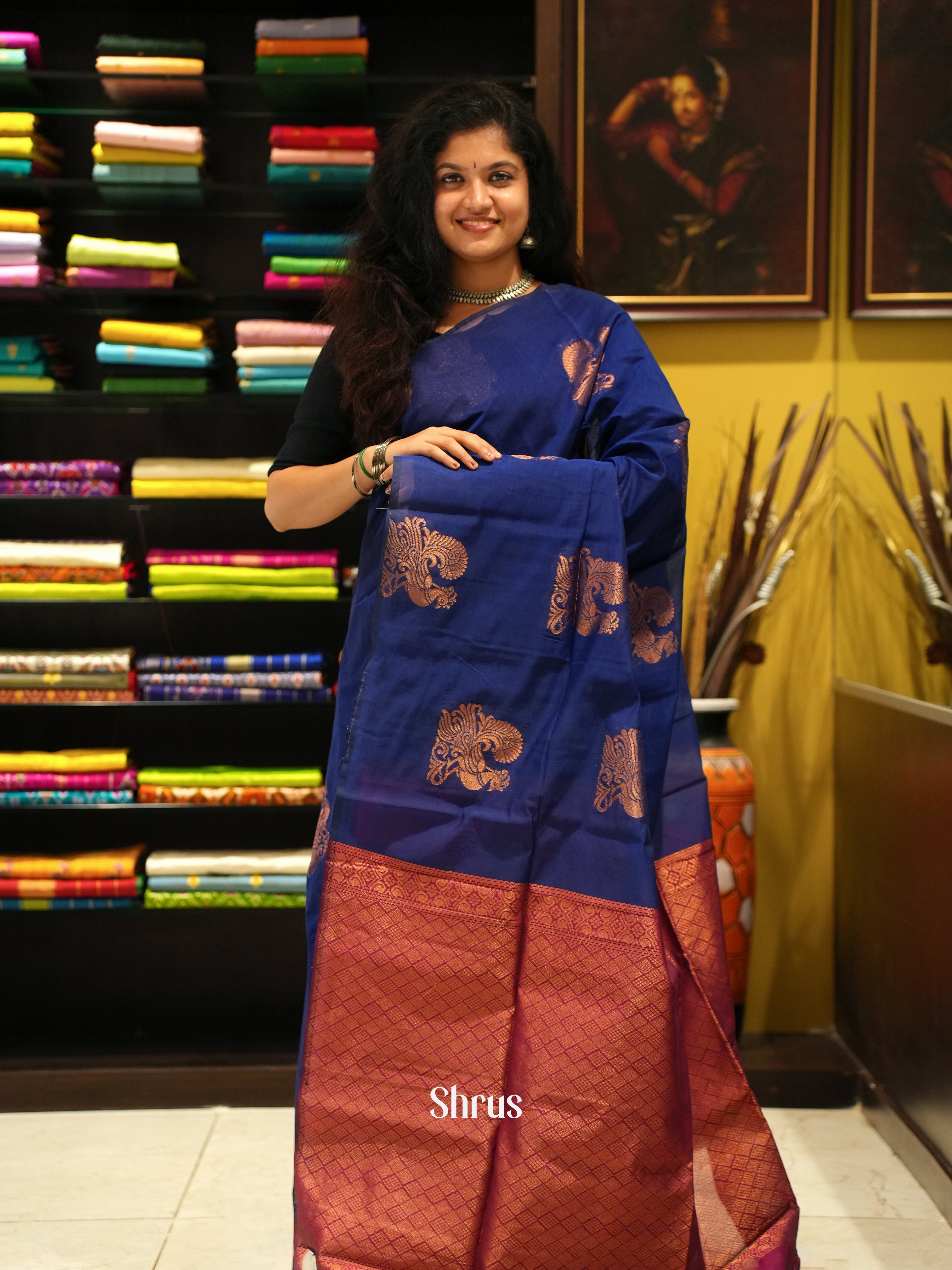Blue And Pink-Semi silk Cotton saree - Shop on ShrusEternity.com