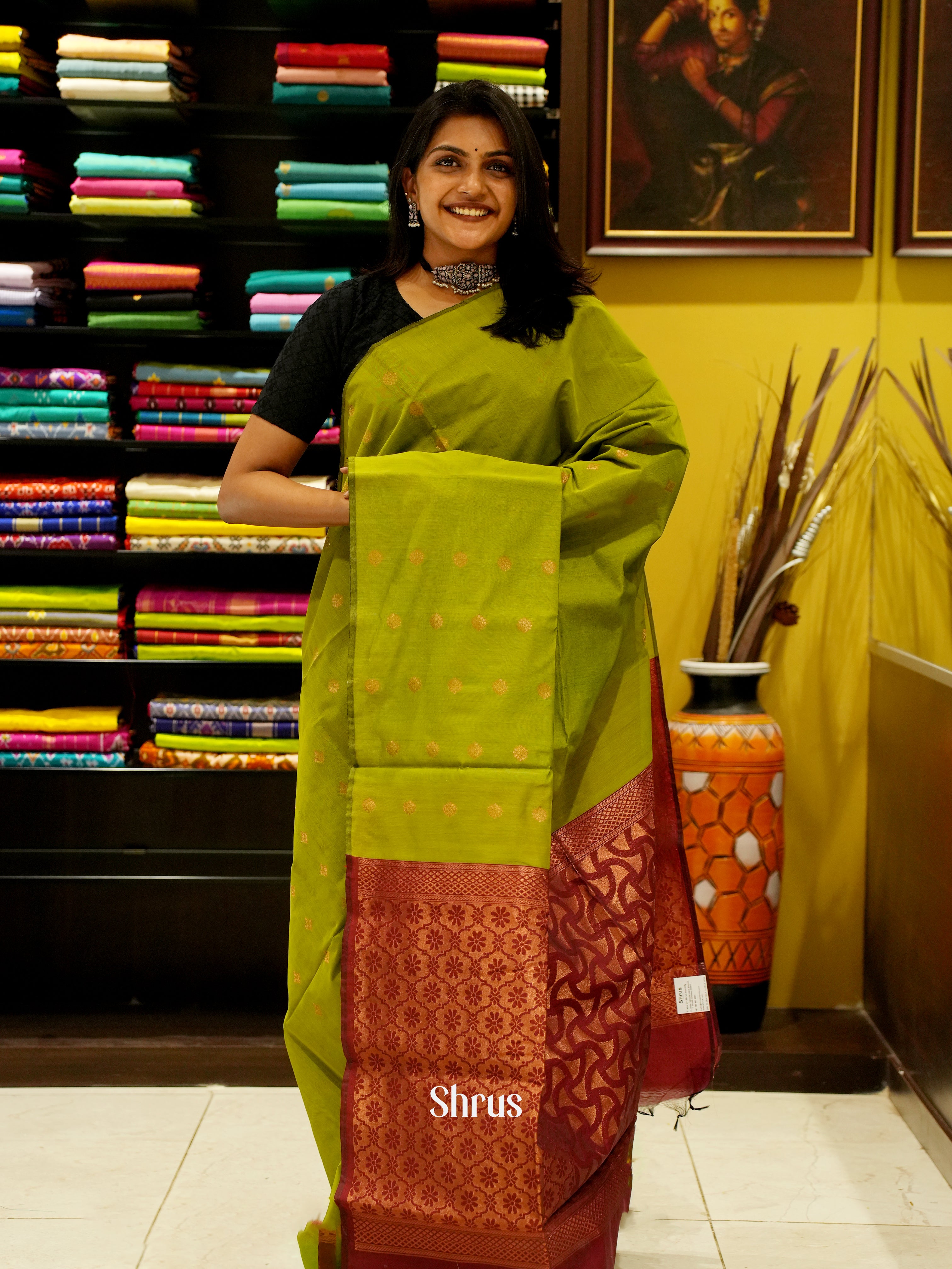 Green And Brown- semi Silk Cotton saree - Shop on ShrusEternity.com