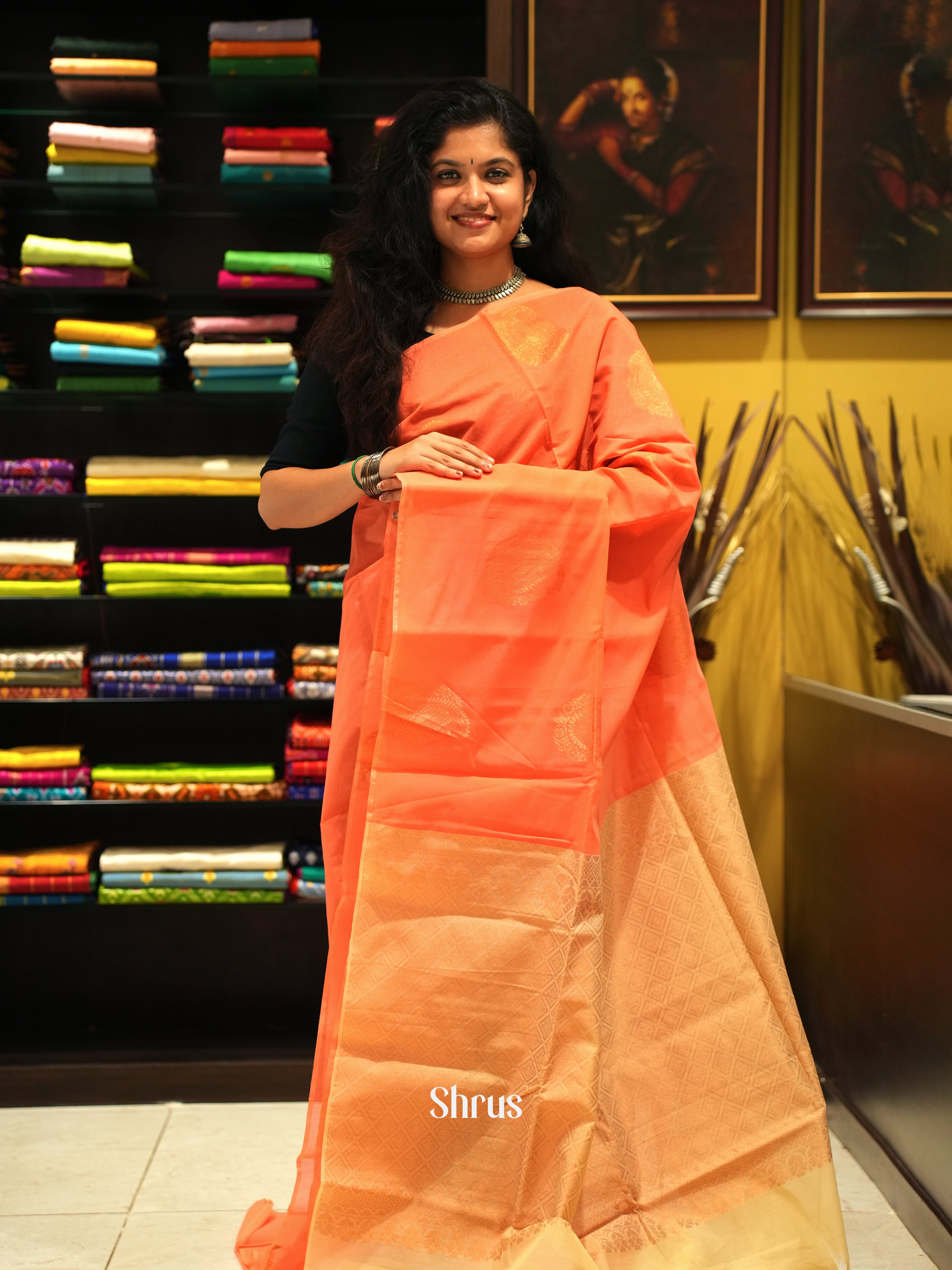 Orange And Beige- semi silk cotton saree - Shop on ShrusEternity.com