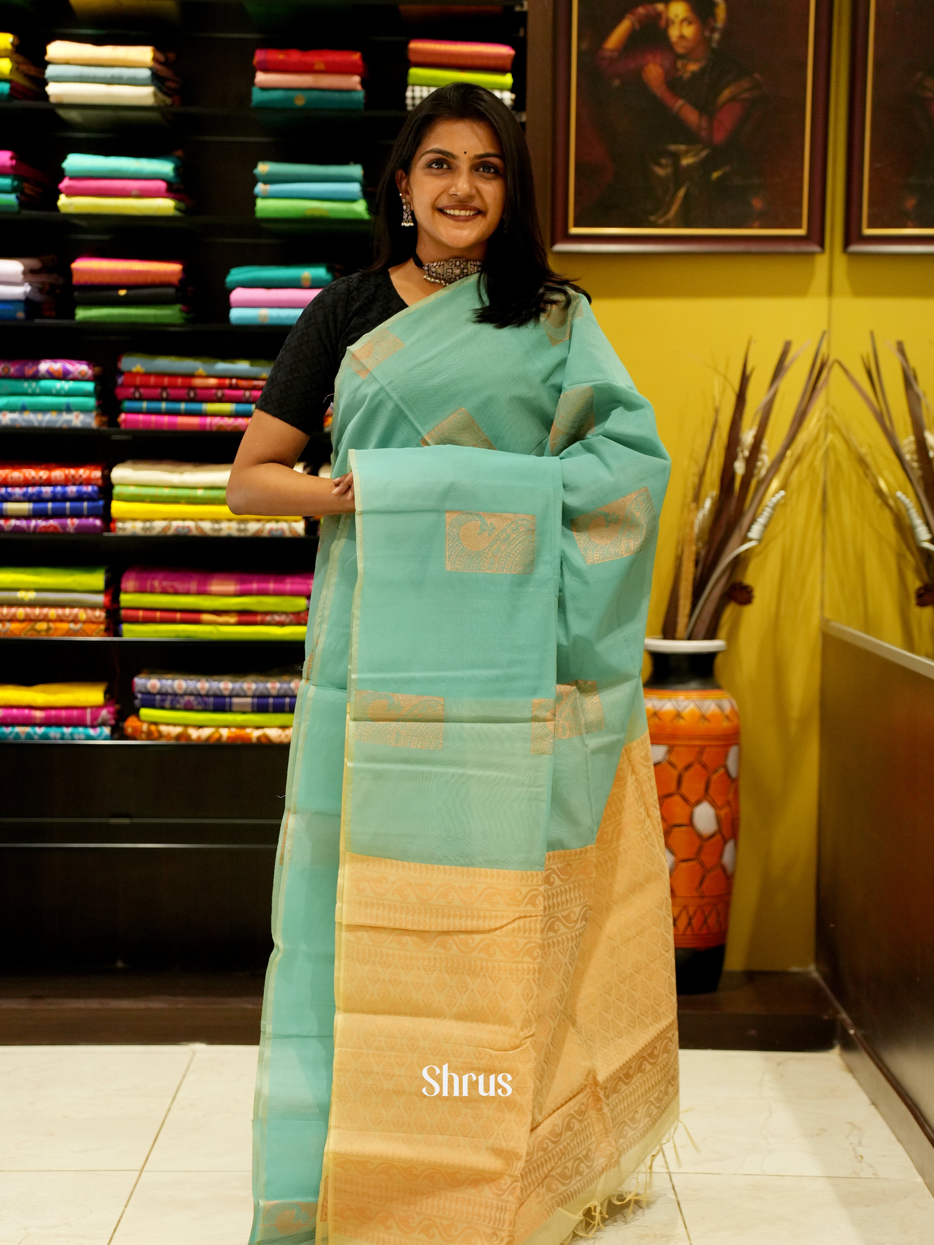 Green And Beige-semi silk Cotton saree - Shop on ShrusEternity.com