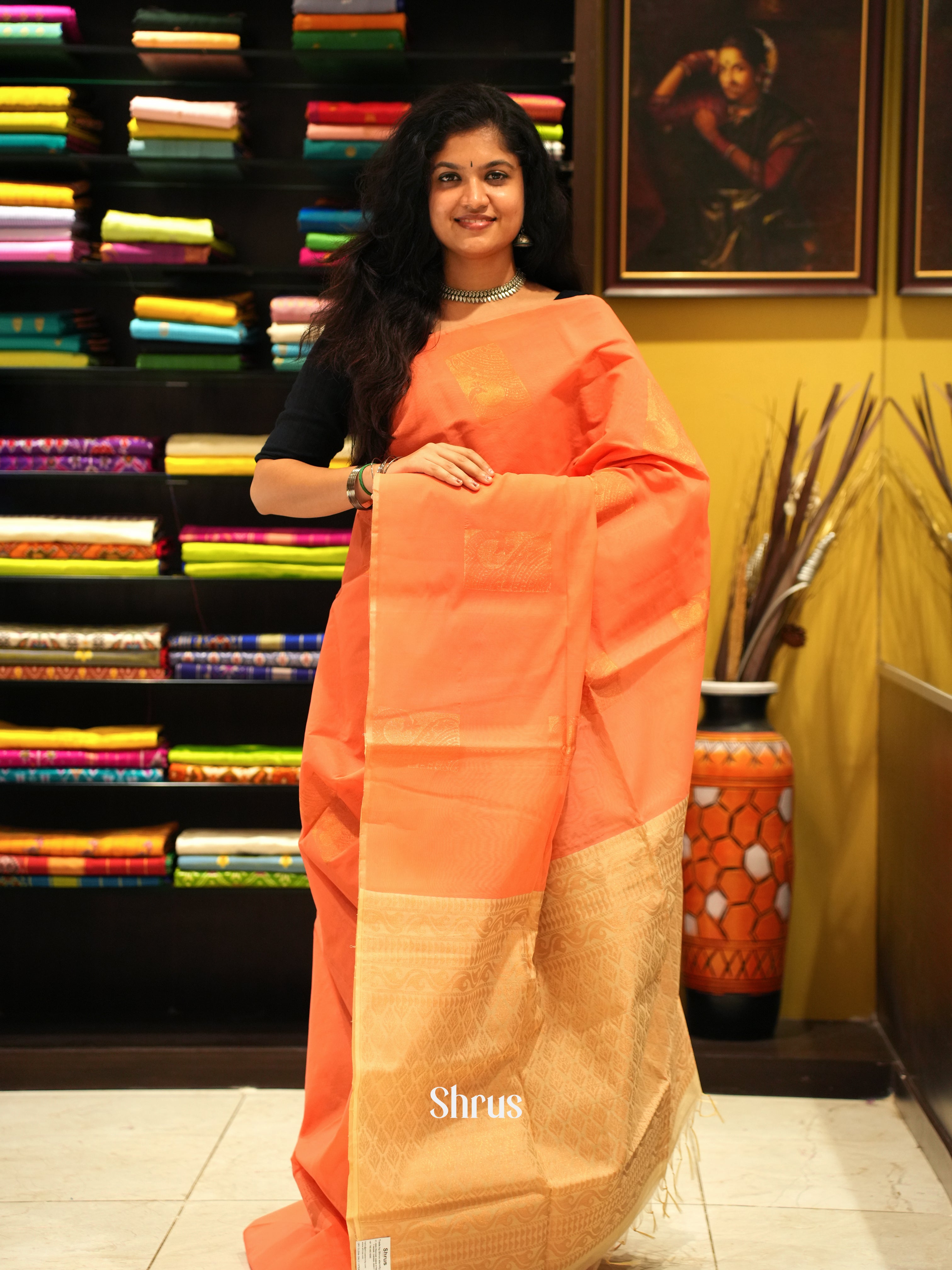 Orange And Beige-Semi Silk Cotton Saree - Shop on ShrusEternity.com