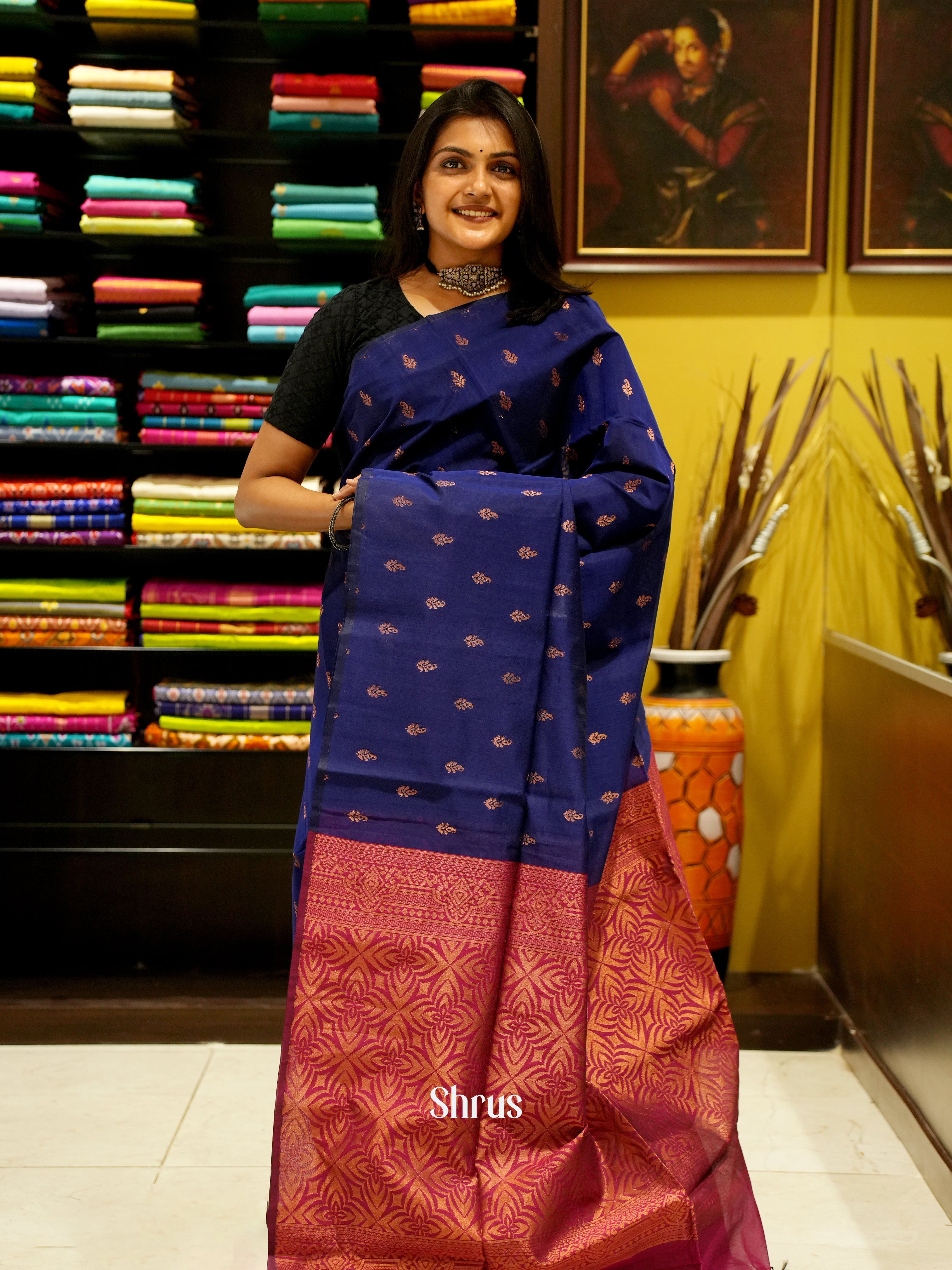 Blue And Pink-Semi Silk Cotton Saree - Shop on ShrusEternity.com