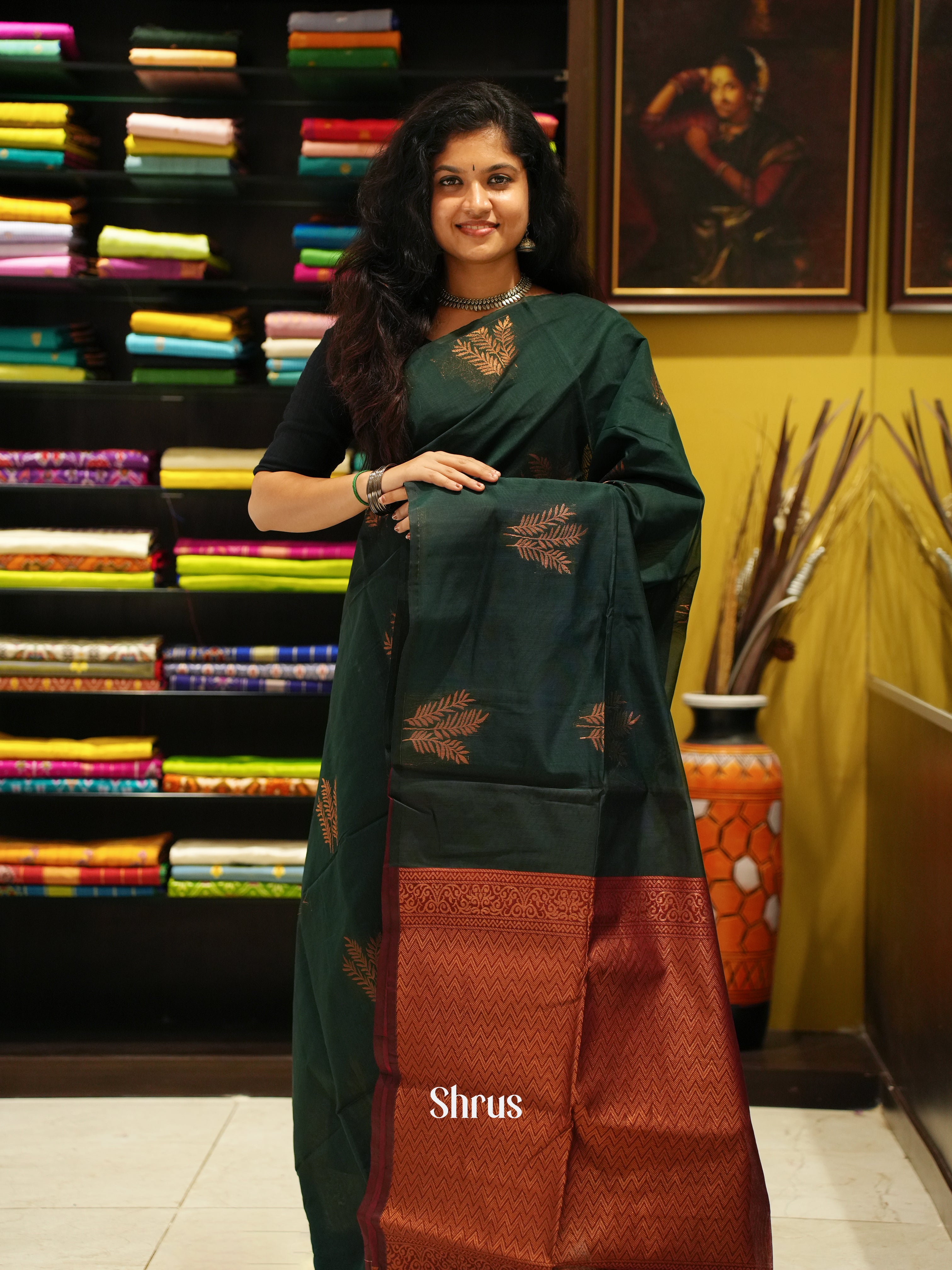 Green And Arakku Maroon-Semi Silk cotton saree - Shop on ShrusEternity.com