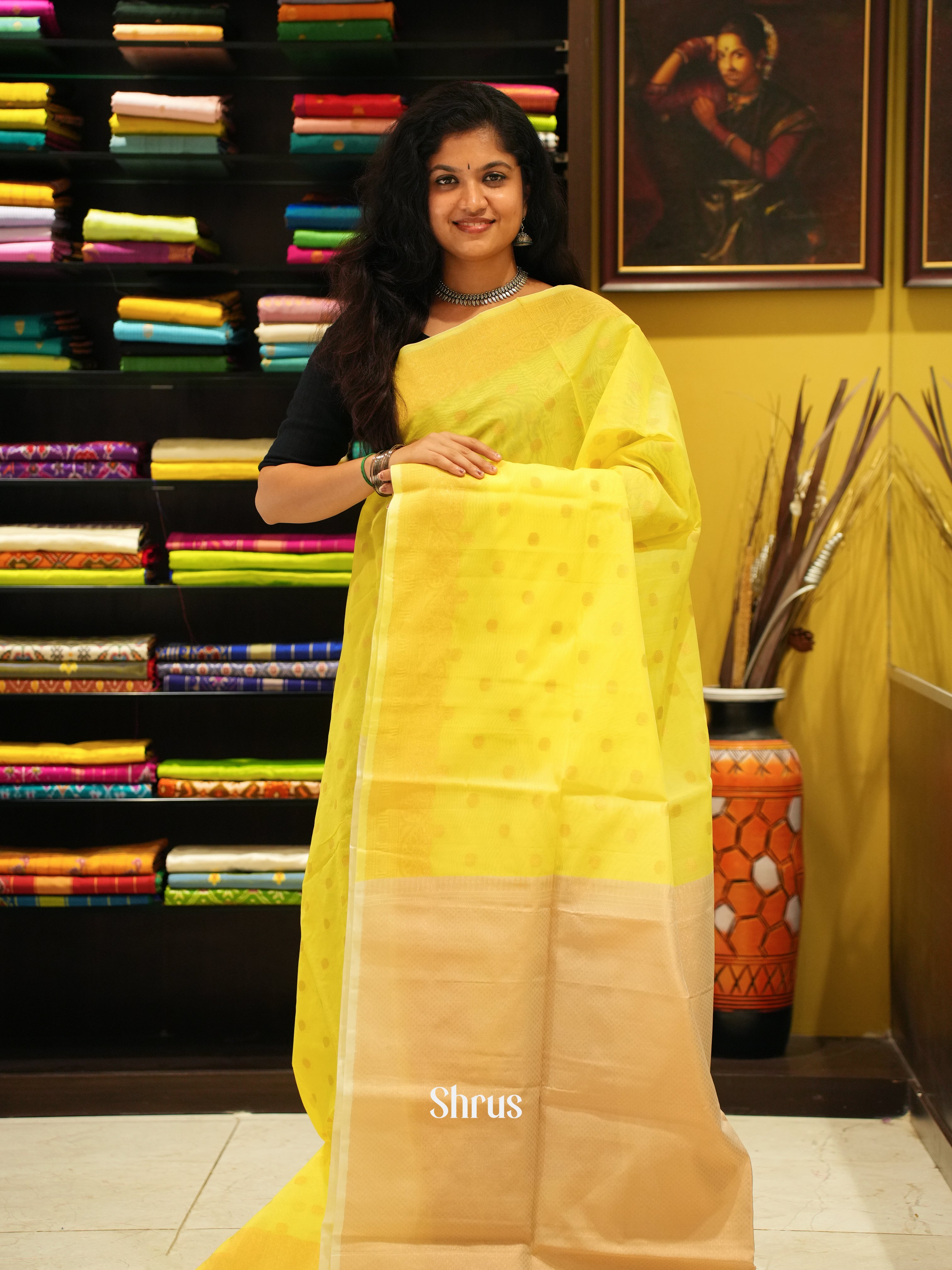 Yellow And Beige-Semi Silk cotton saree - Shop on ShrusEternity.com