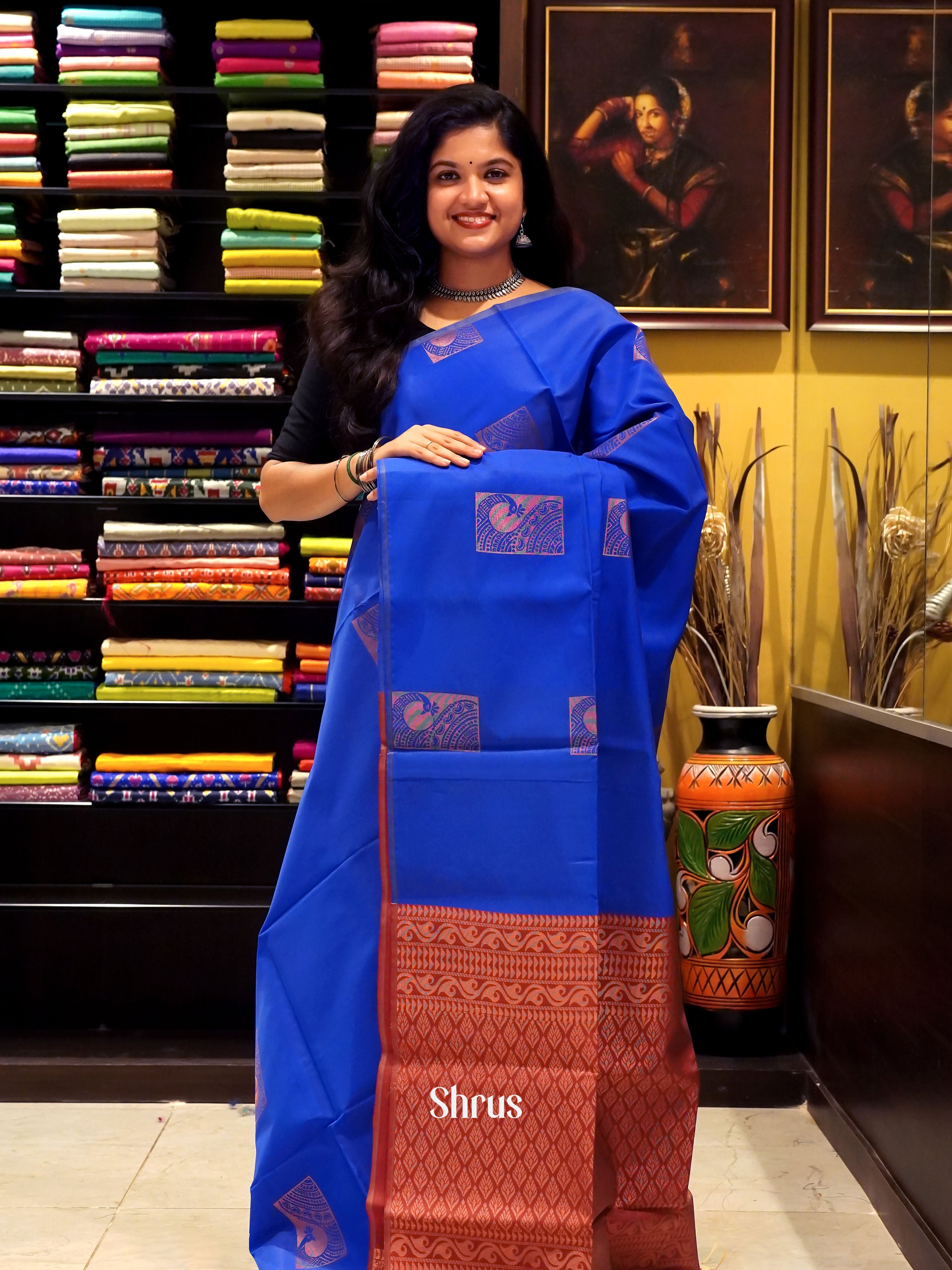 Blue And Arakku Maroon-Semi soft silk saree - Shop on ShrusEternity.com