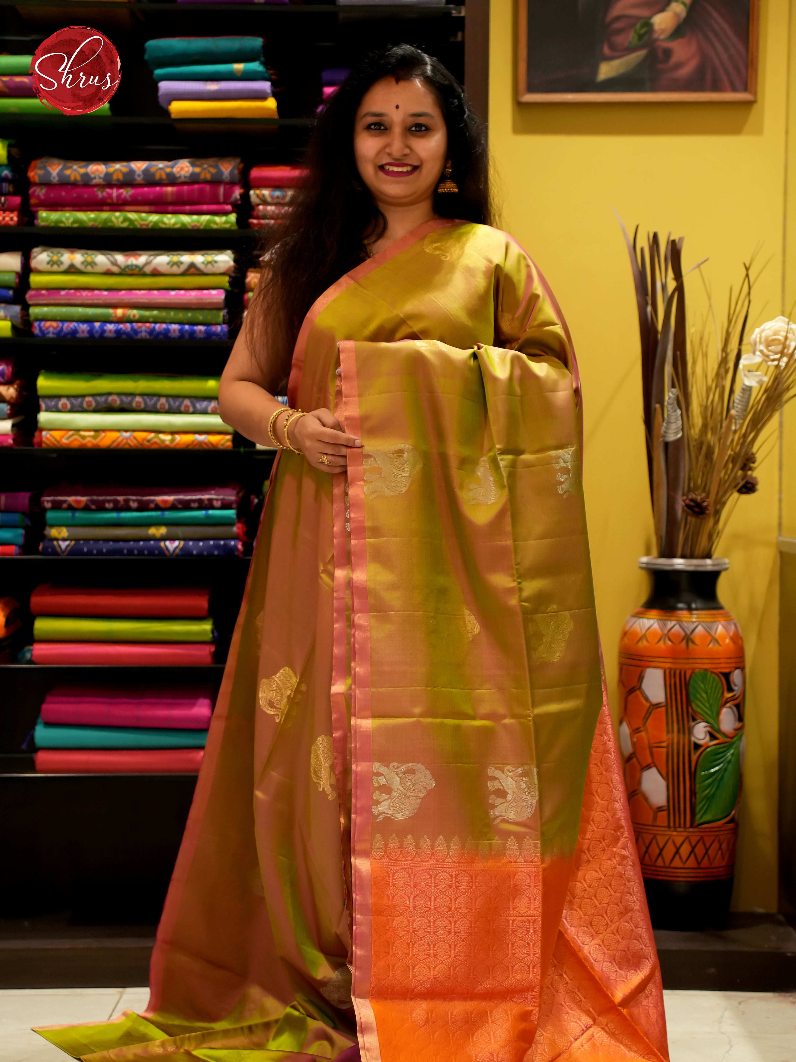 Brownish Green And Orange- soft silk saree - Shop on ShrusEternity.com