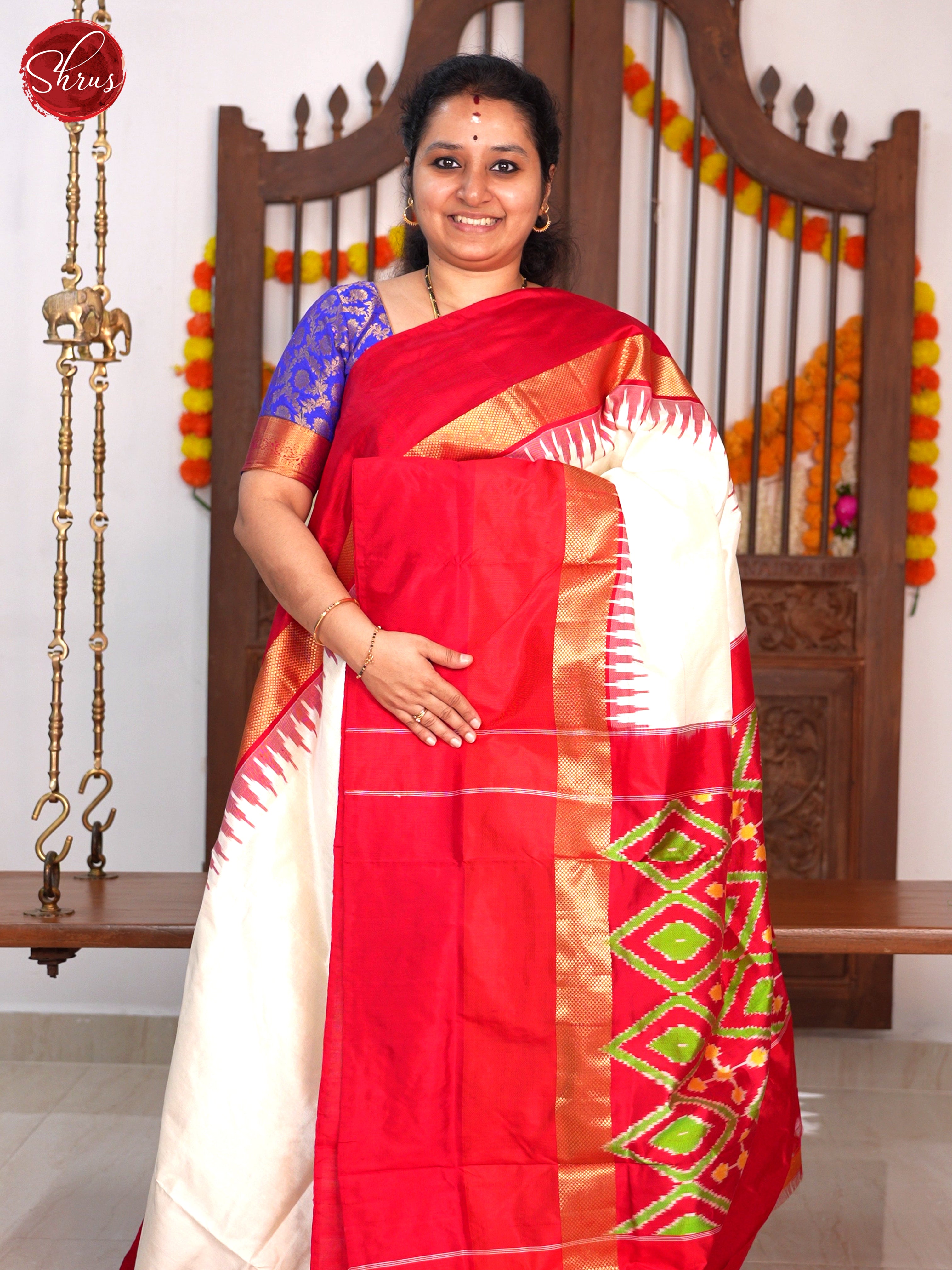 Cream & Red - Ikkat Silk Saree - Shop on ShrusEternity.com