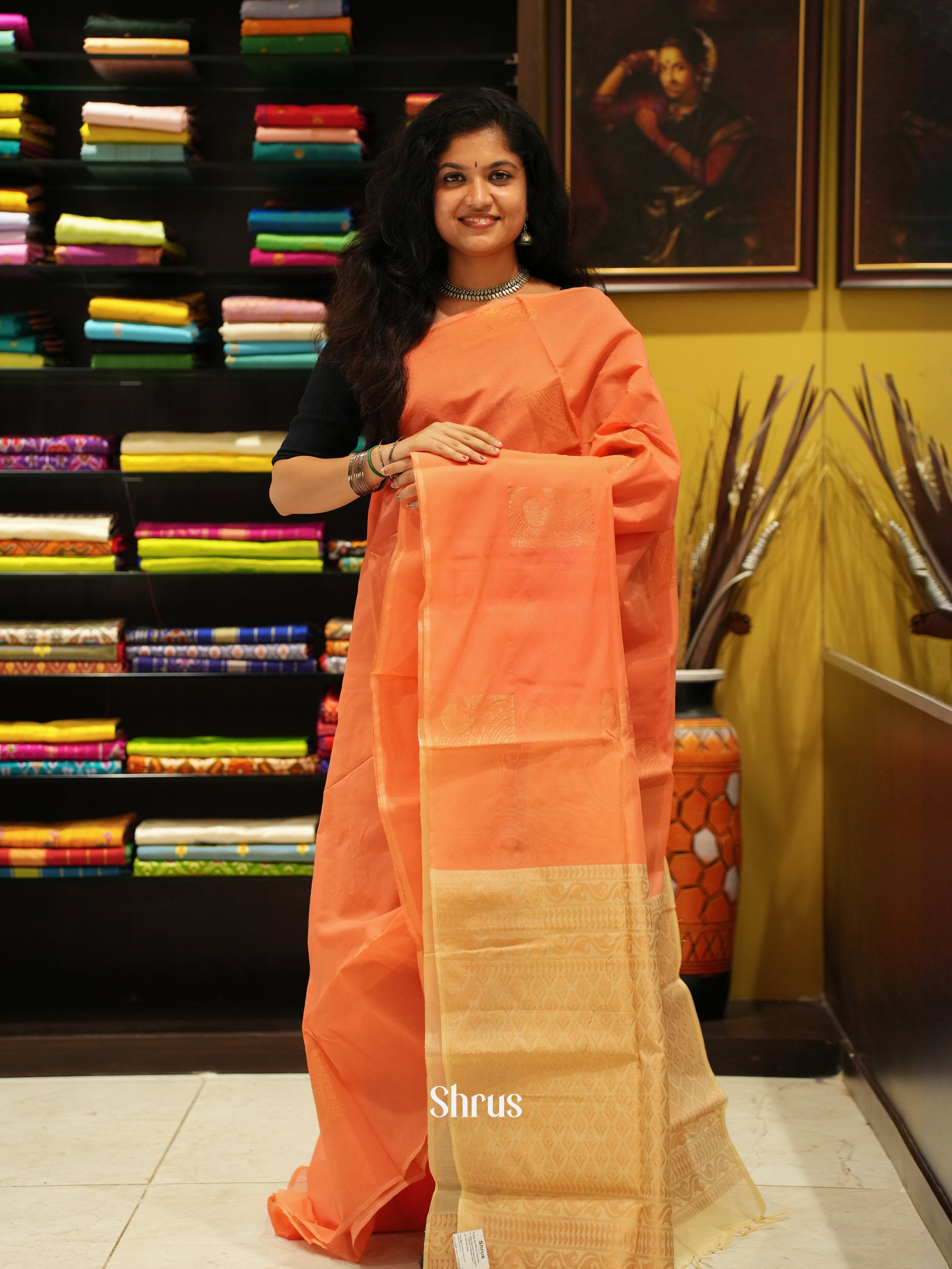Orangish Pink And Beige-Semi Silk Cotton Saree - Shop on ShrusEternity.com