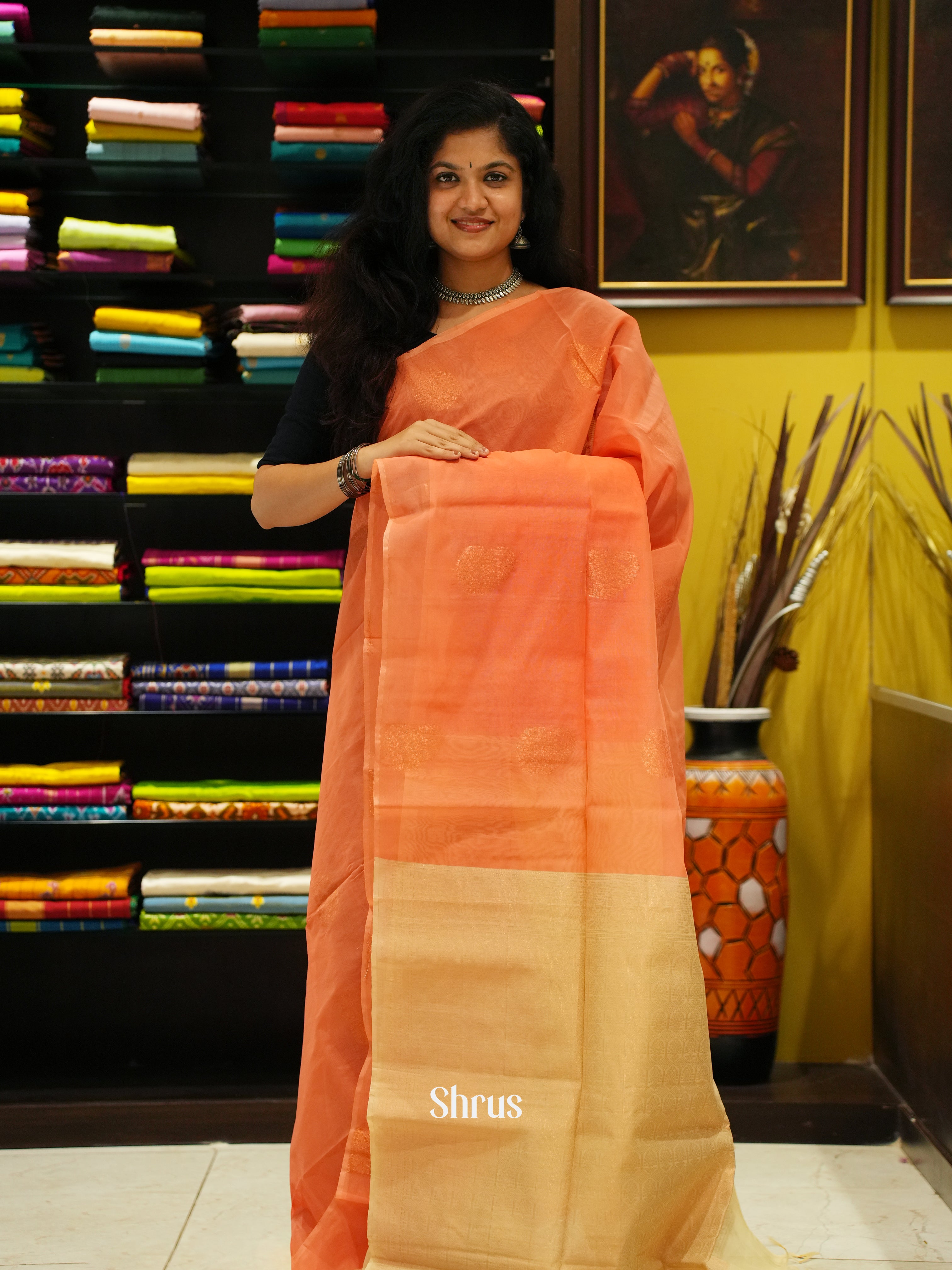 Peach and Beige- Semi Silk Cotton saree - Shop on ShrusEternity.com