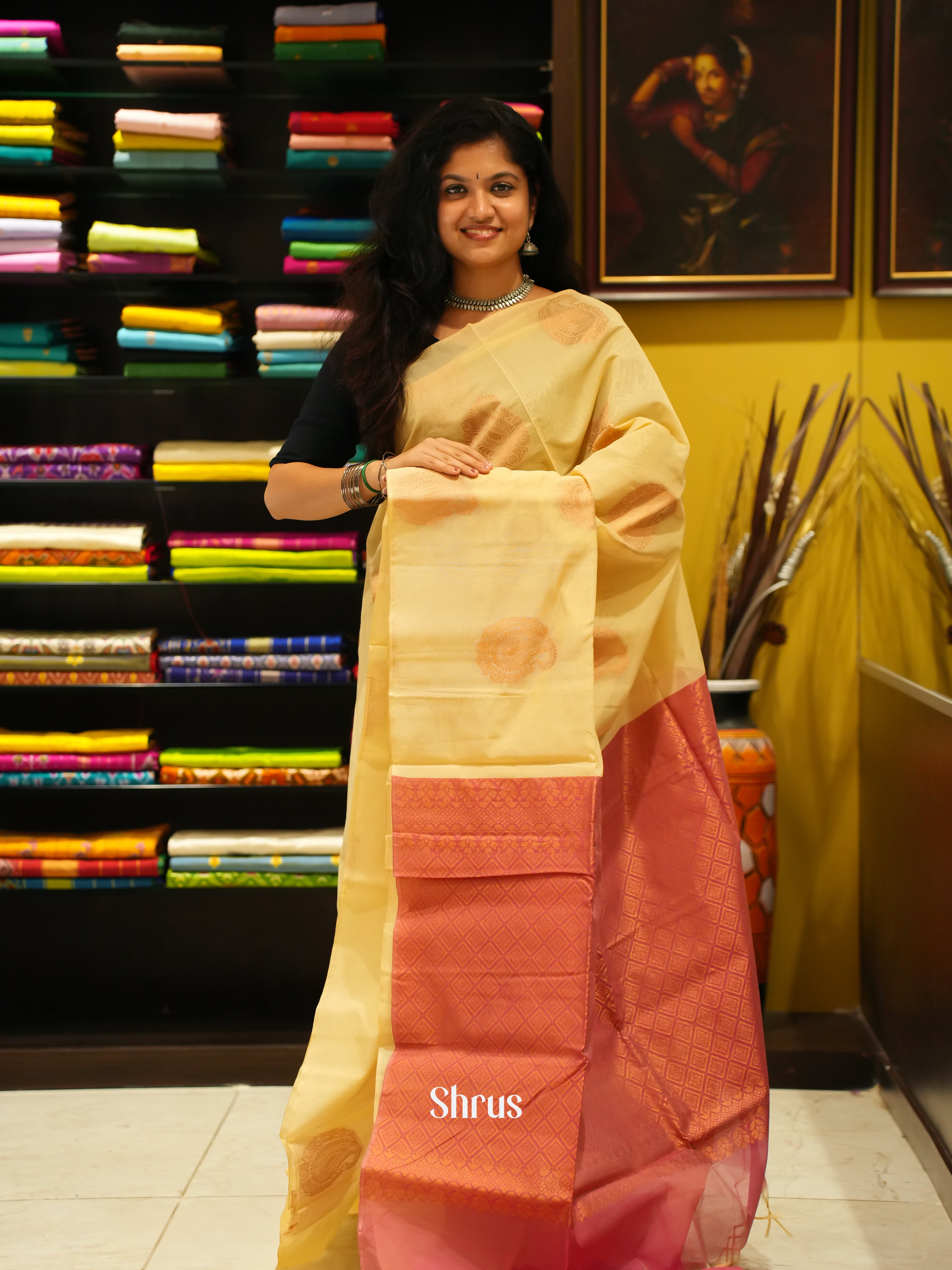 Beige And Pink-Semi silk cotton saree - Shop on ShrusEternity.com