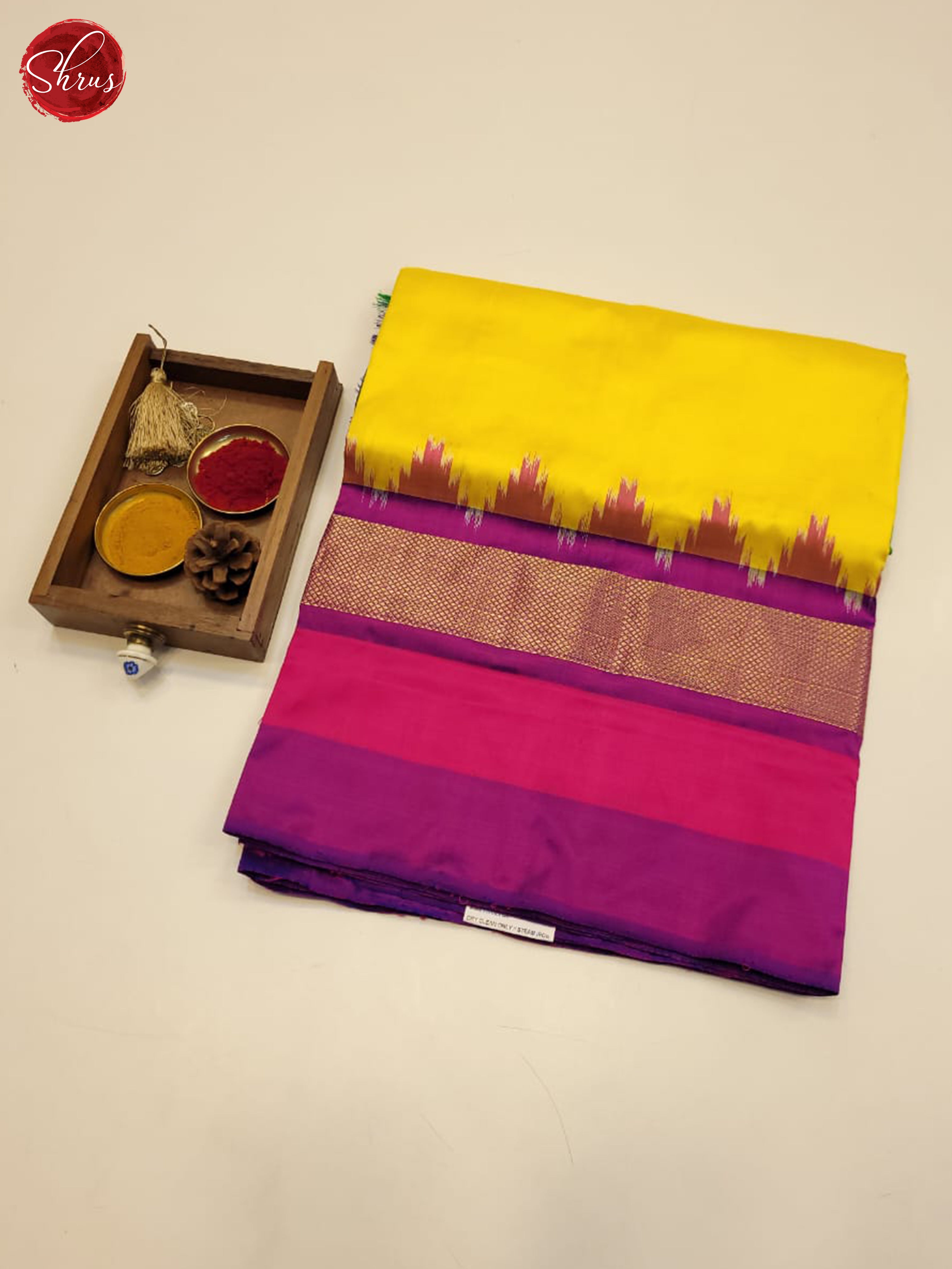 yellow and violet- Ikkat Silk Saree(Ganga Jamuna Border) - Shop on ShrusEternity.com