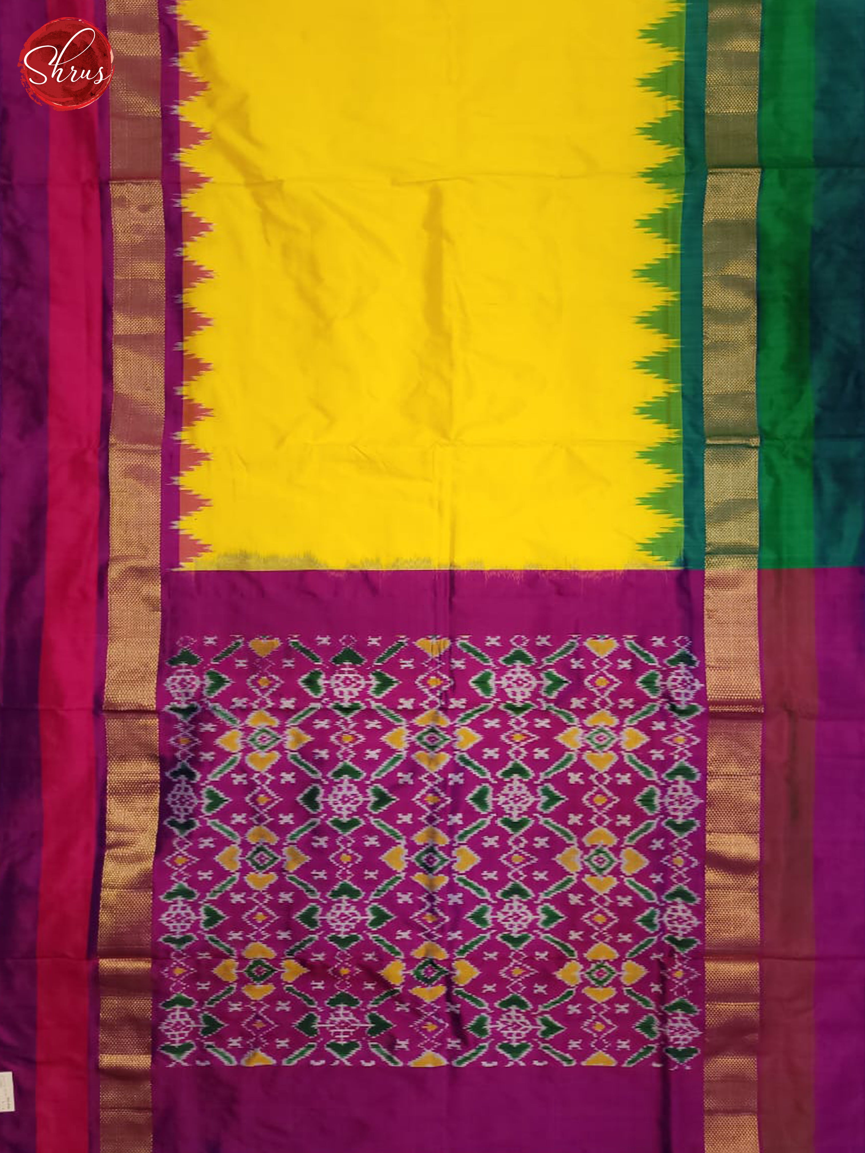 yellow and violet- Ikkat Silk Saree(Ganga Jamuna Border) - Shop on ShrusEternity.com