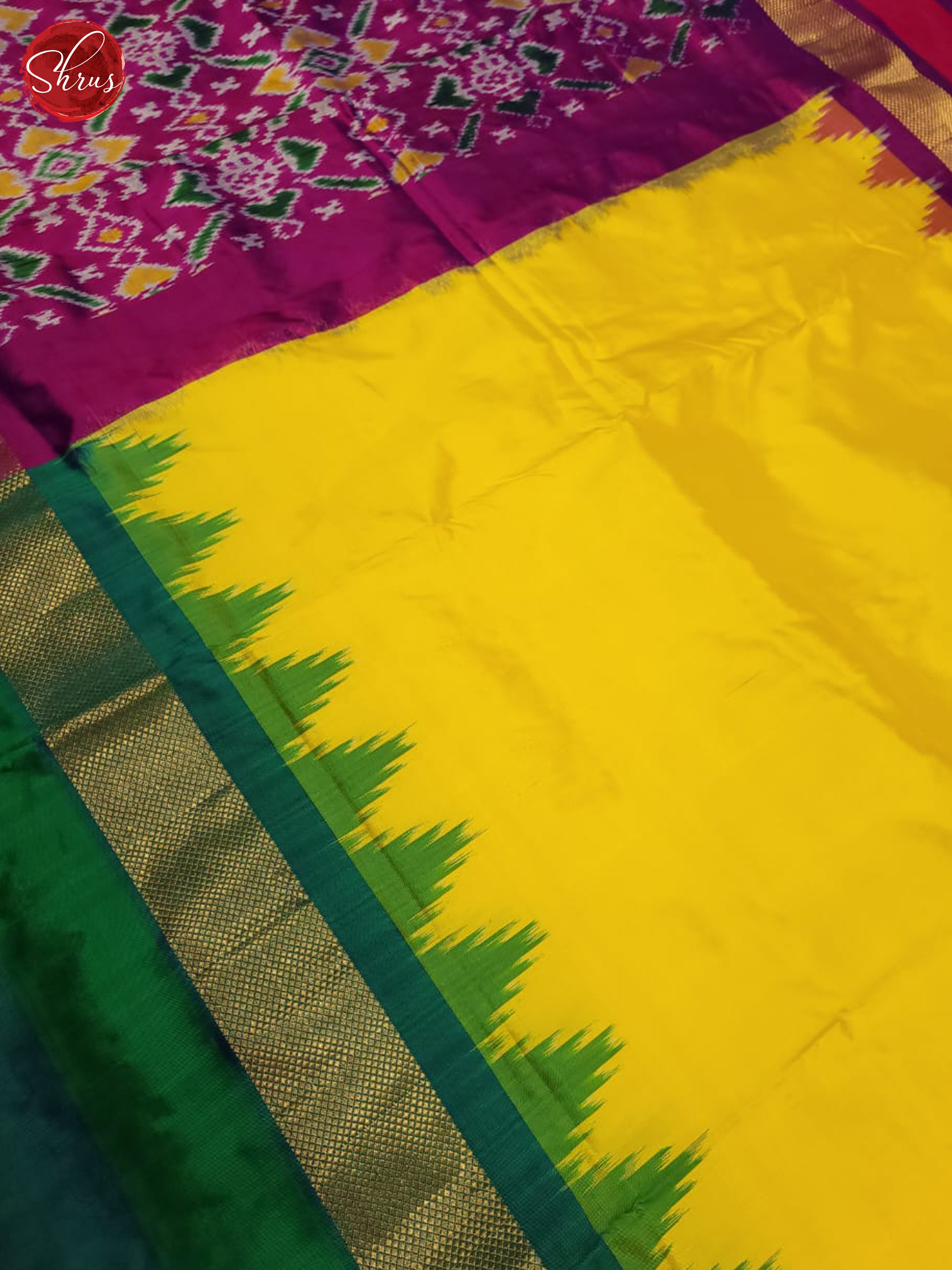 yellow and violet- Ikkat Silk Saree(Ganga Jamuna Border) - Shop on ShrusEternity.com