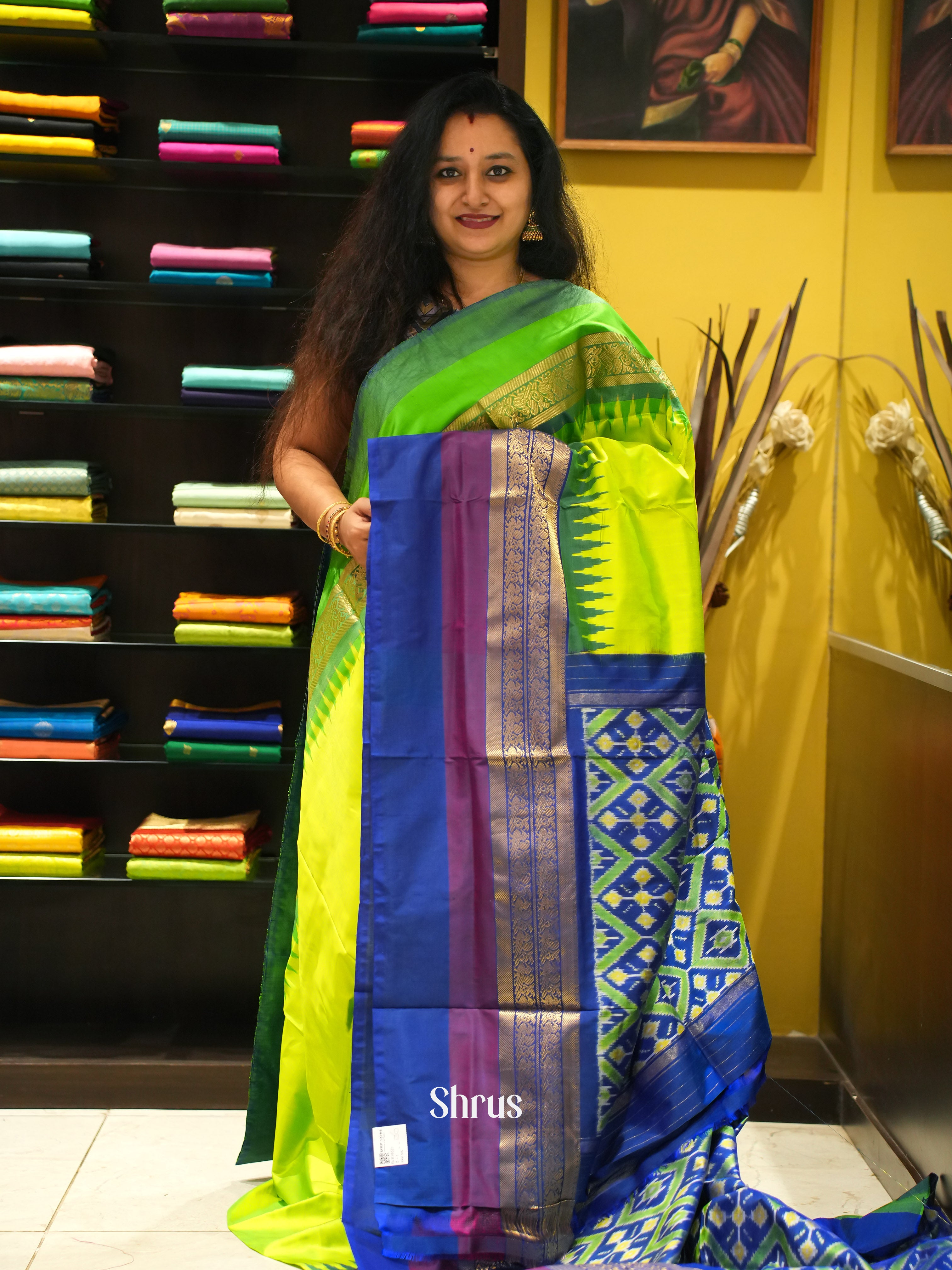 Green snd Blue - Ikkat Silk Saree(Ganga jamuna border) - Shop on ShrusEternity.com