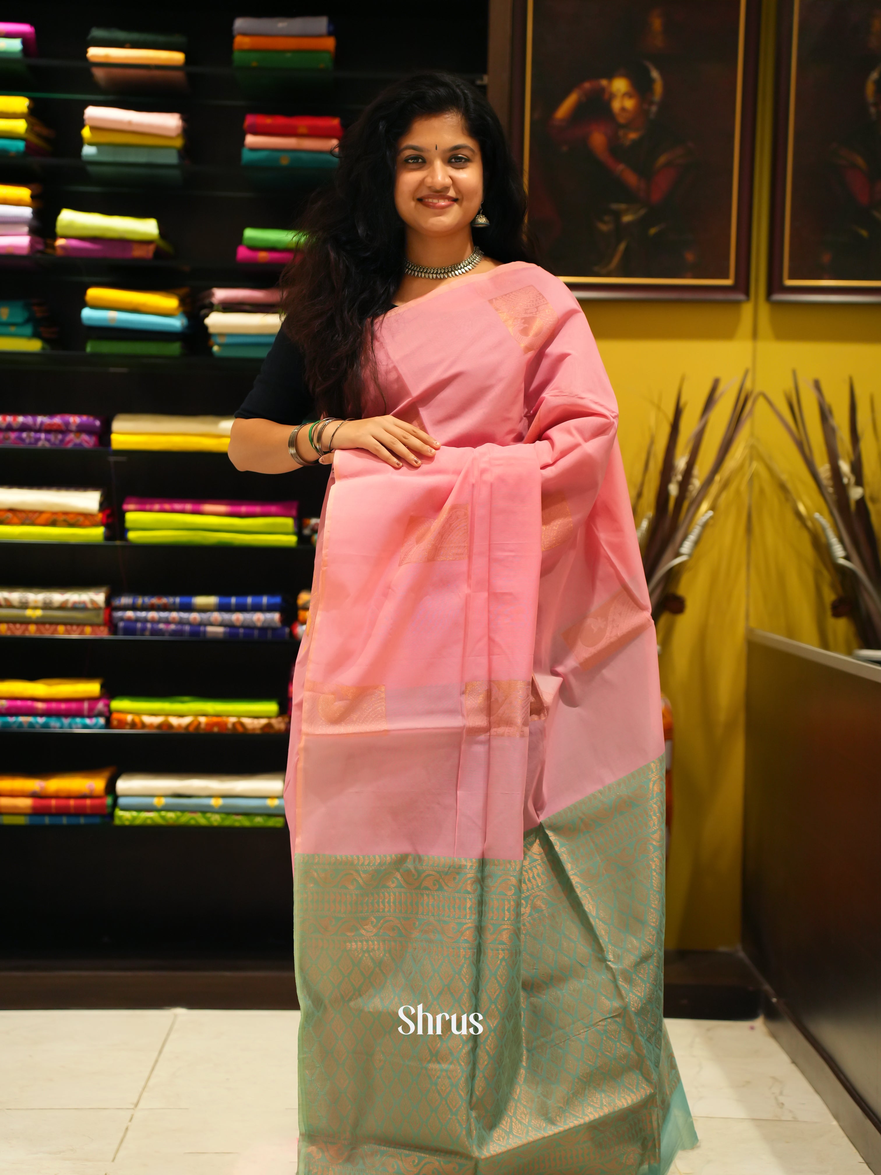 Pink And Green-Semi silk cotton saree - Shop on ShrusEternity.com