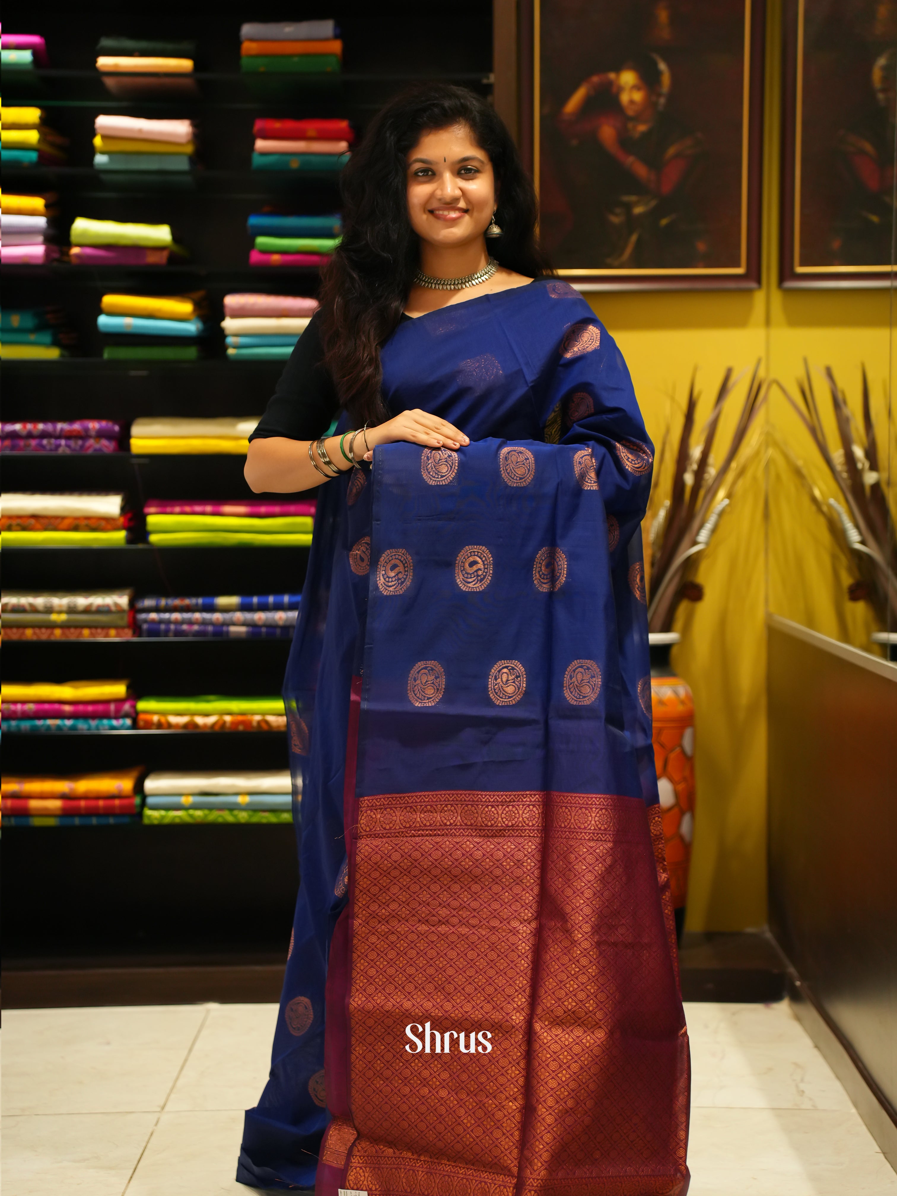 Blue And Maroon-semi silk cotton saree - Shop on ShrusEternity.com