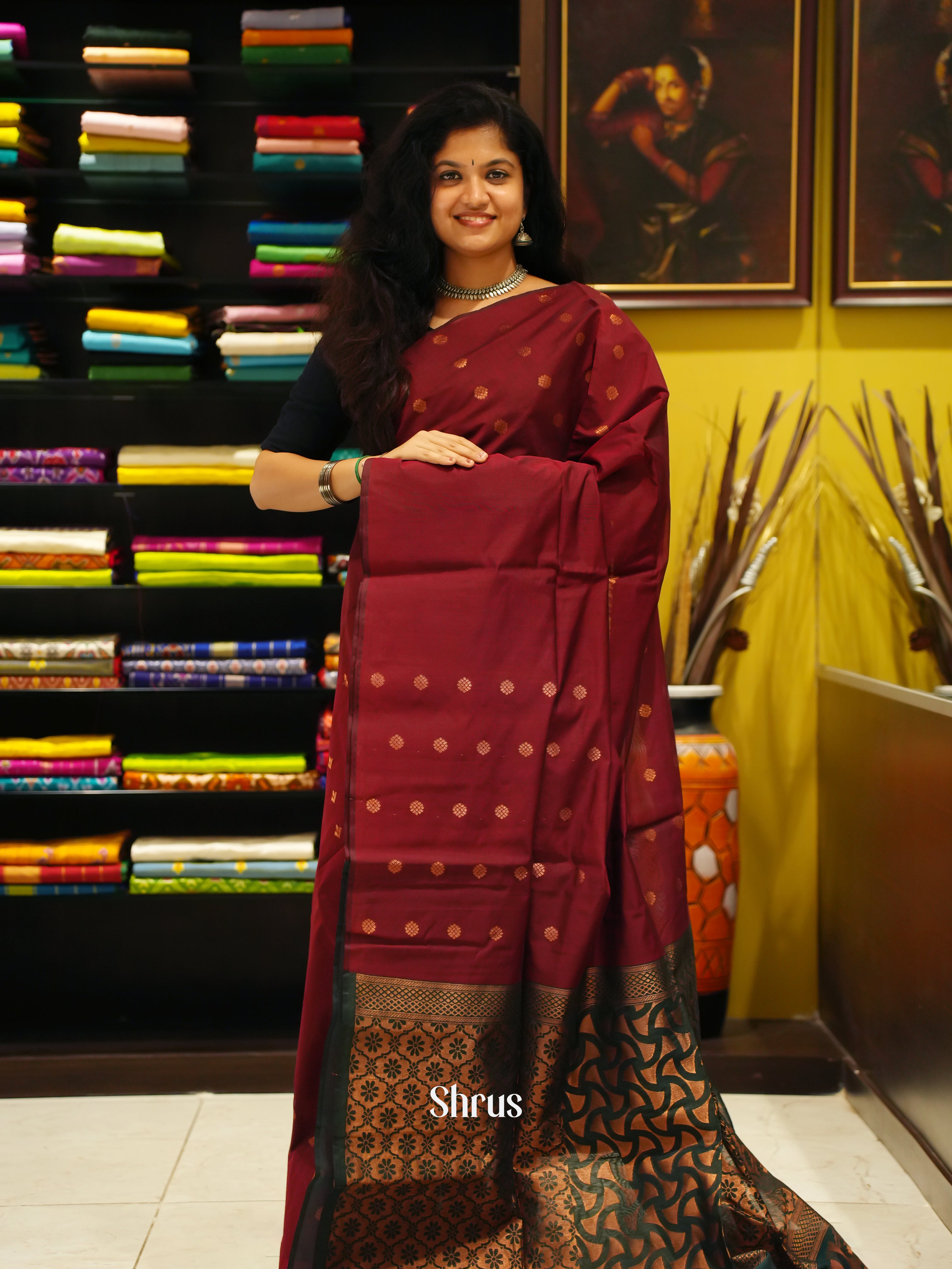Arakku Maroon And Green-Semi Silk Cotton Saree - Shop on ShrusEternity.com