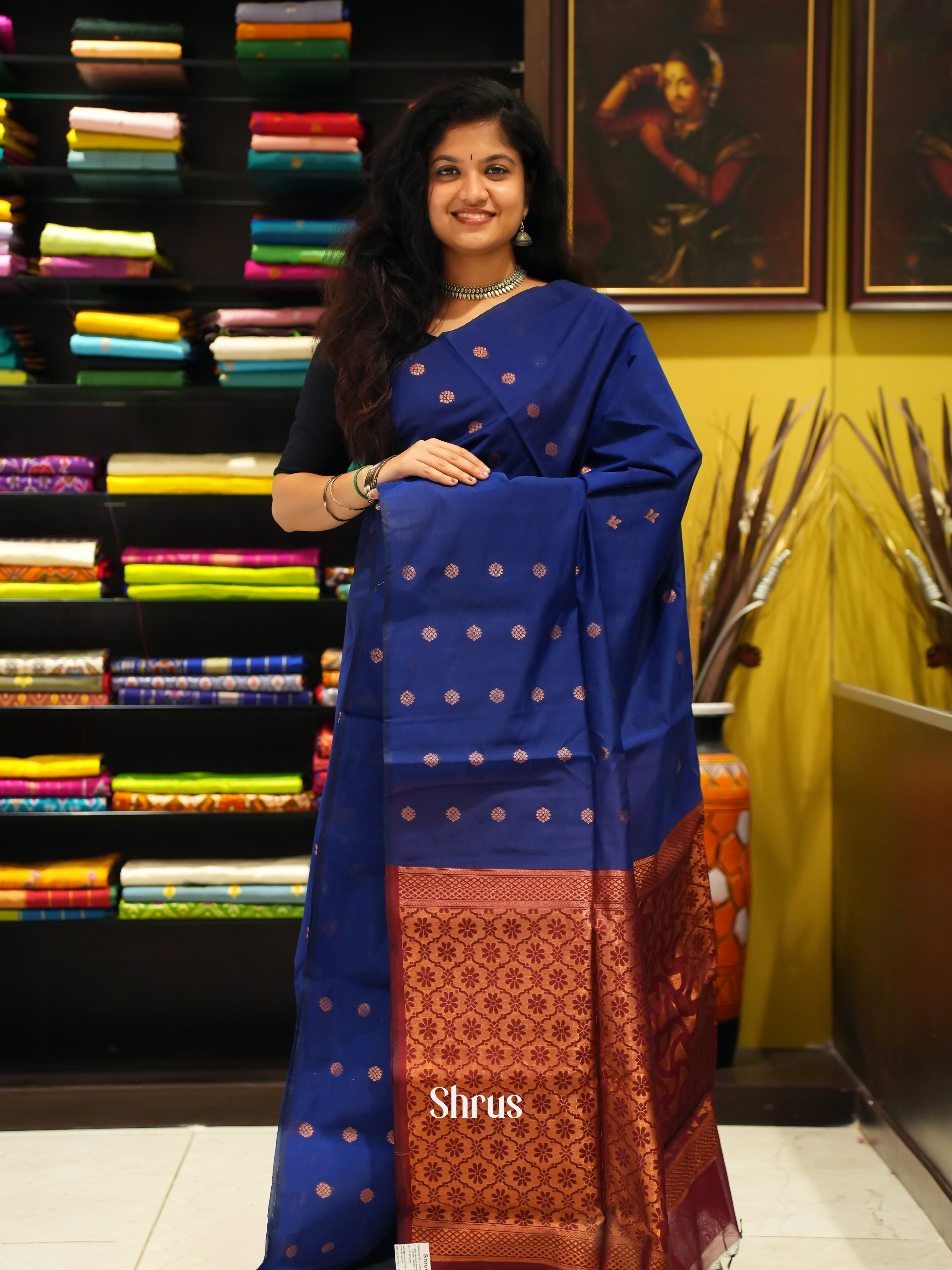 Blue And Arraku Maroon-Semi silk Cotton saree - Shop on ShrusEternity.com