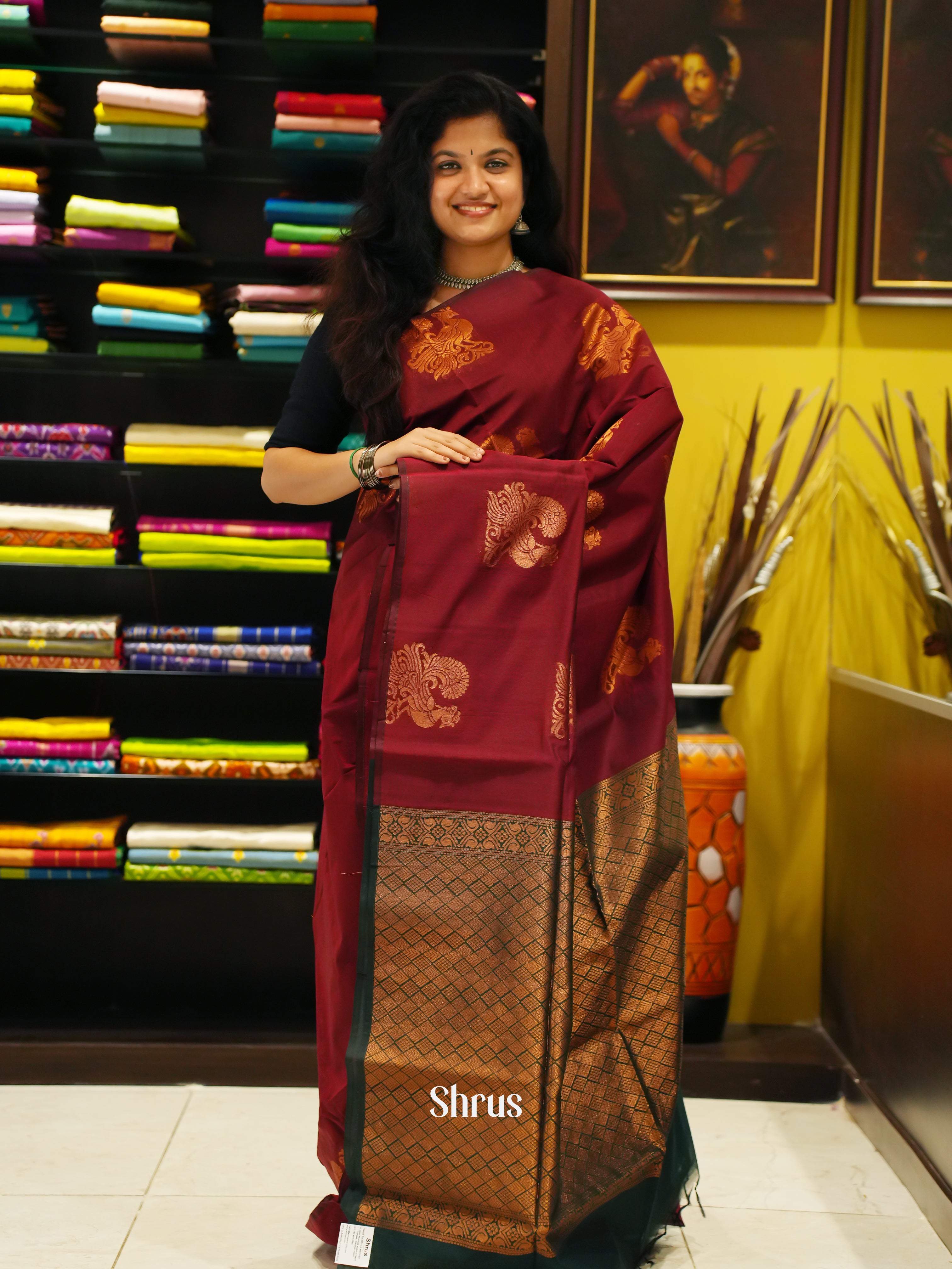 Araku Maroon And Green-Semi Silk cotton saree - Shop on ShrusEternity.com