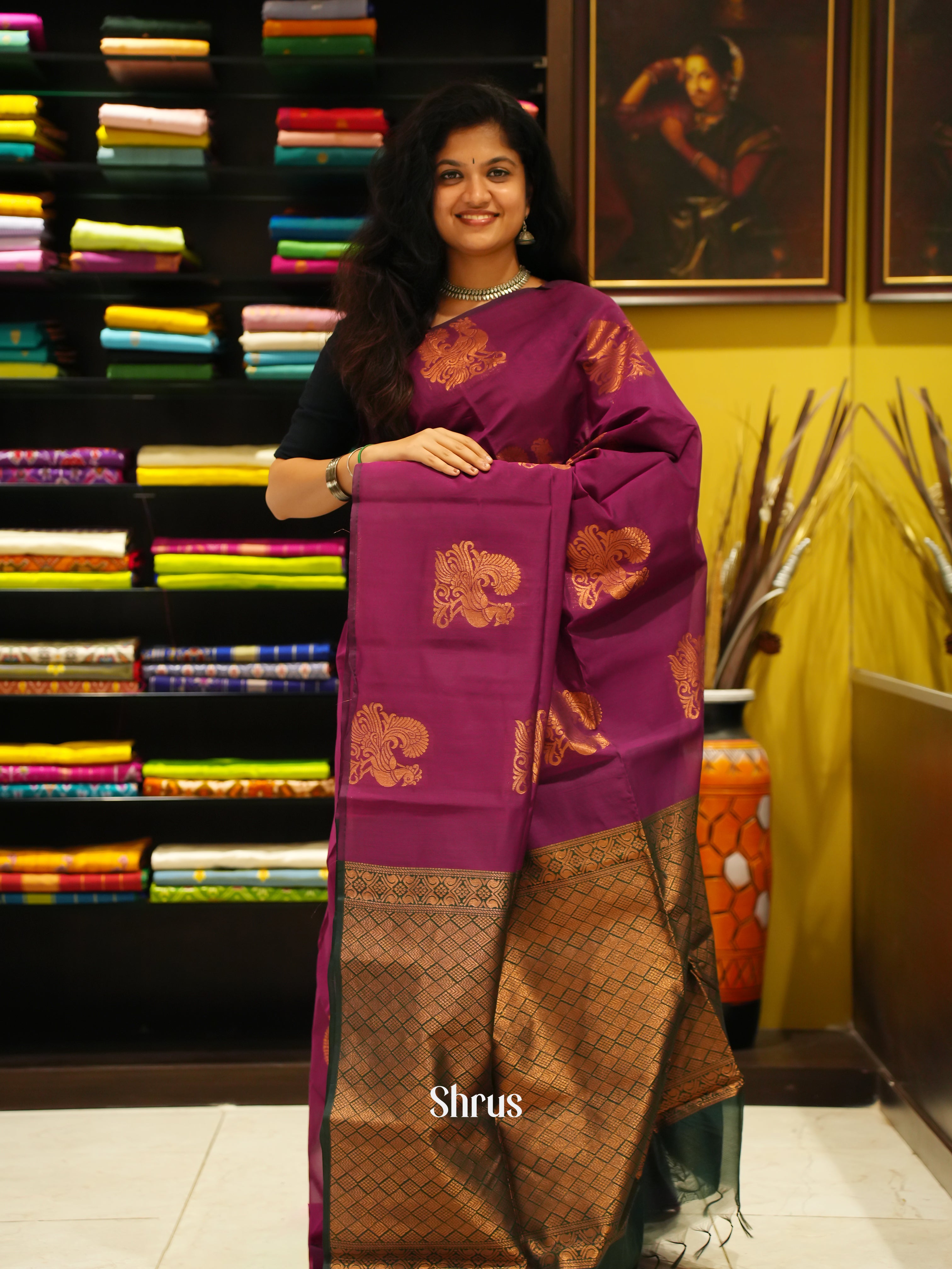 Majenta Pink And Green-Semi Silk Cotton Saree - Shop on ShrusEternity.com