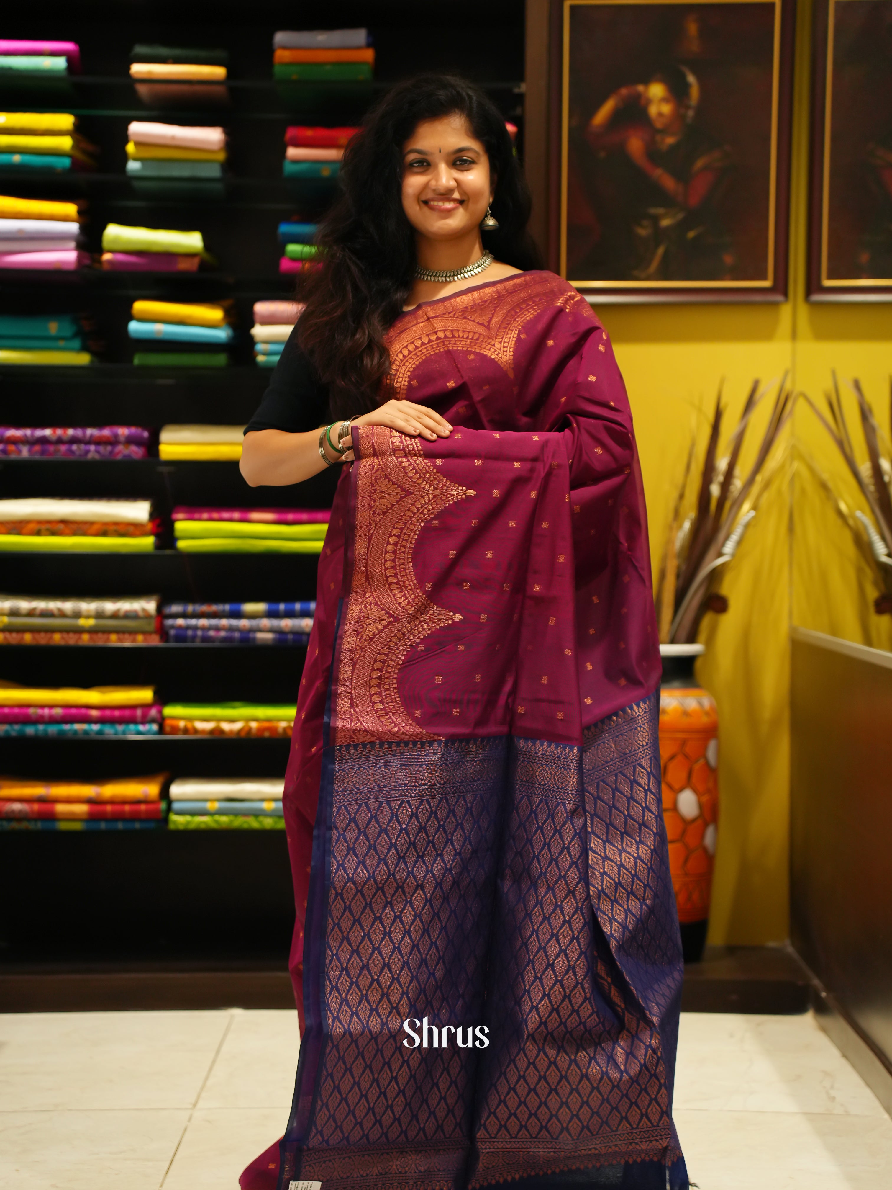 Majenta Pink And Blue-Semi Silk cotton Saree - Shop on ShrusEternity.com