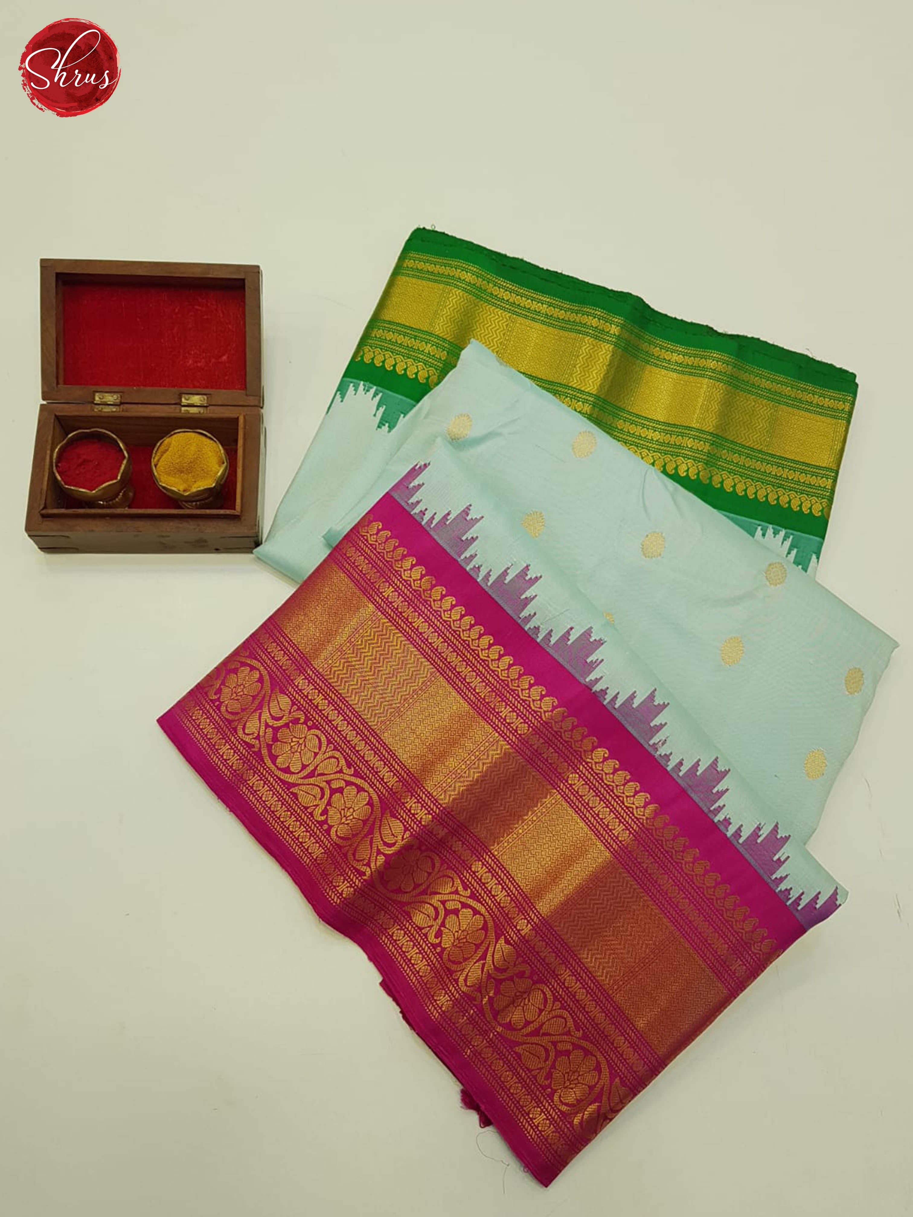 Ice Blue And Pink-Gadwal silk saree - Shop on ShrusEternity.com