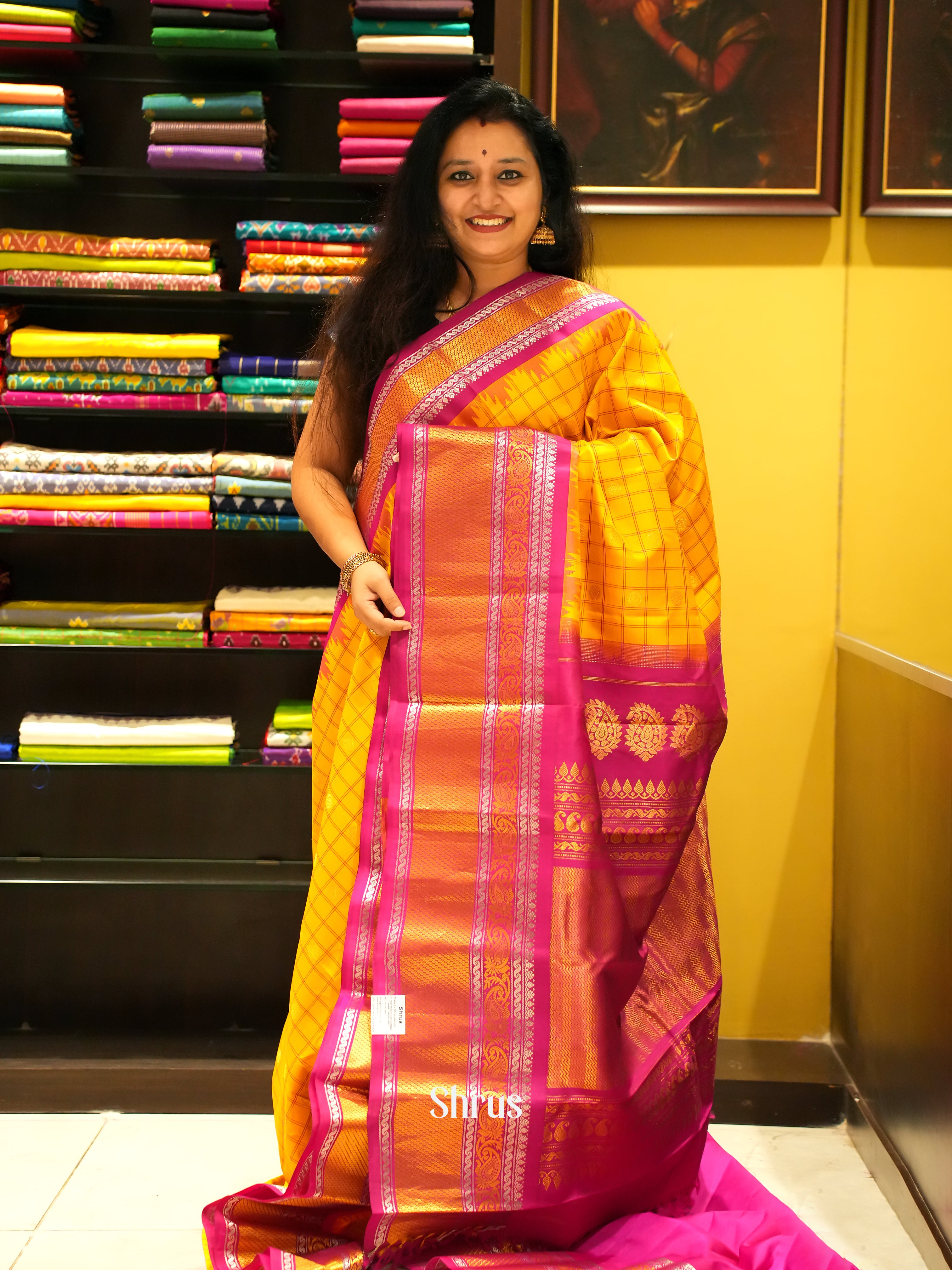 Yellow and pink - Gadwal silk Saree - Shop on ShrusEternity.com