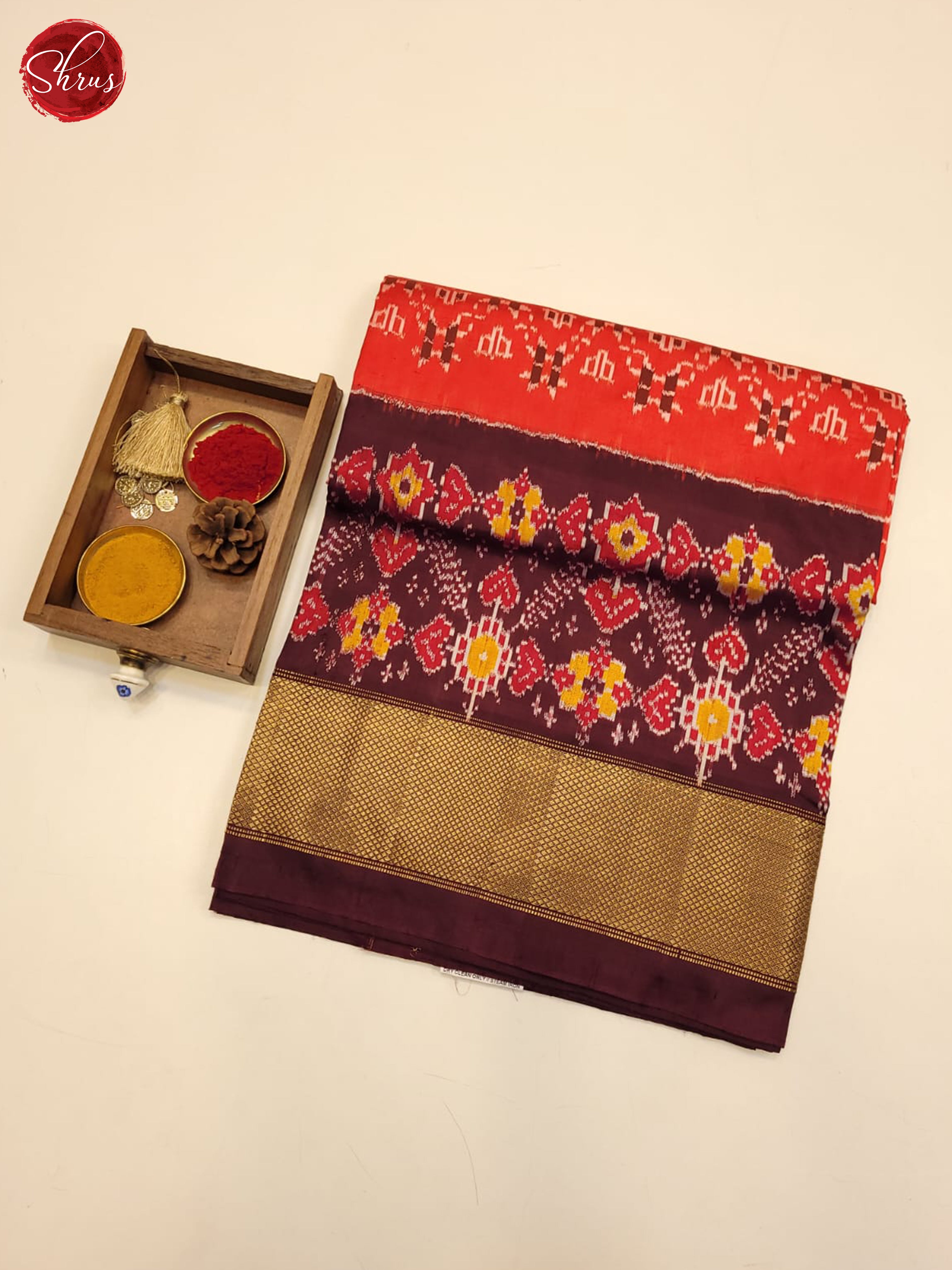 Scarlet and Brown-Ikkat Silk Saree-1