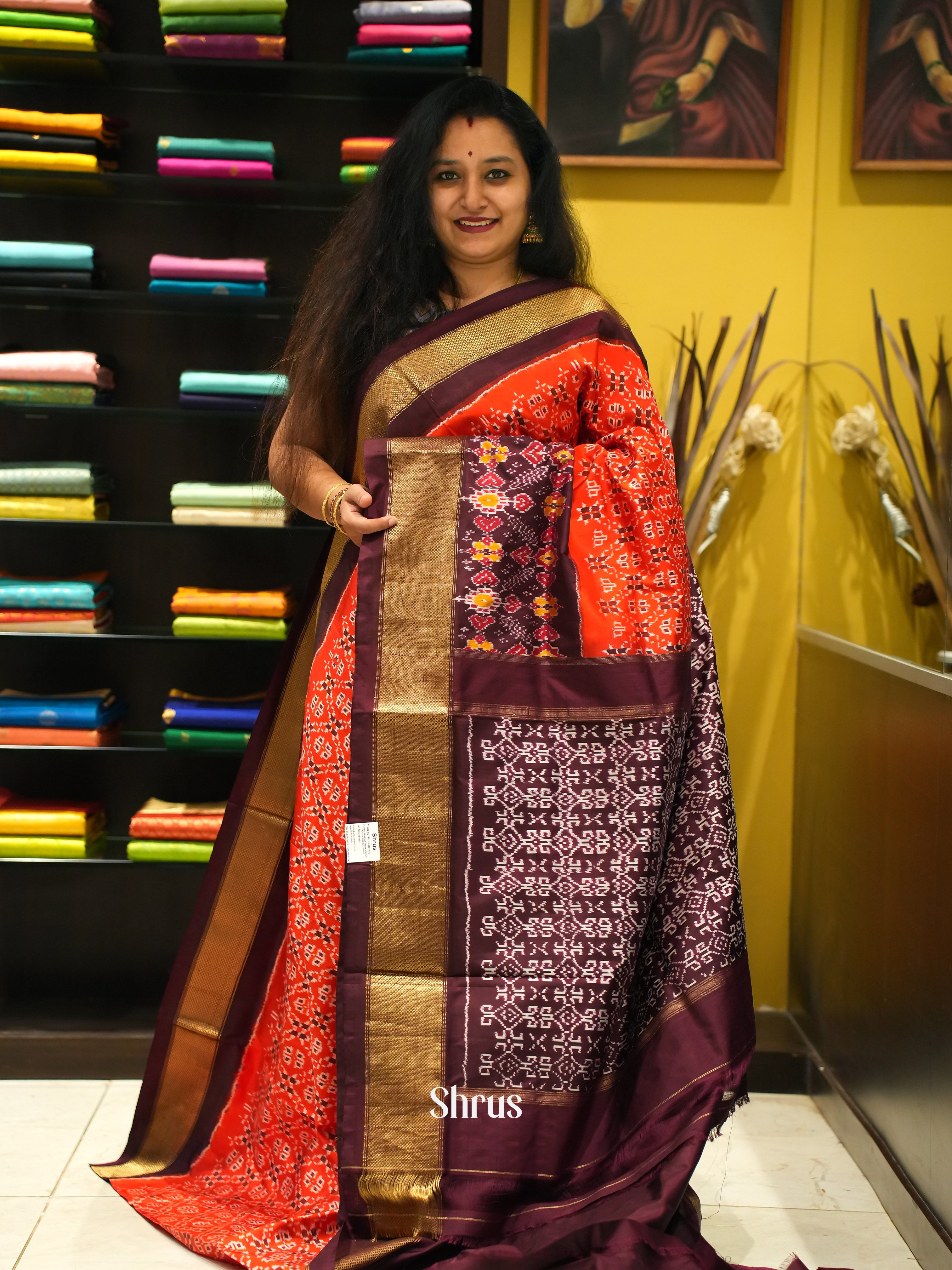 Red and Brown-Ikkat Silk Saree - Shop on ShrusEternity.com