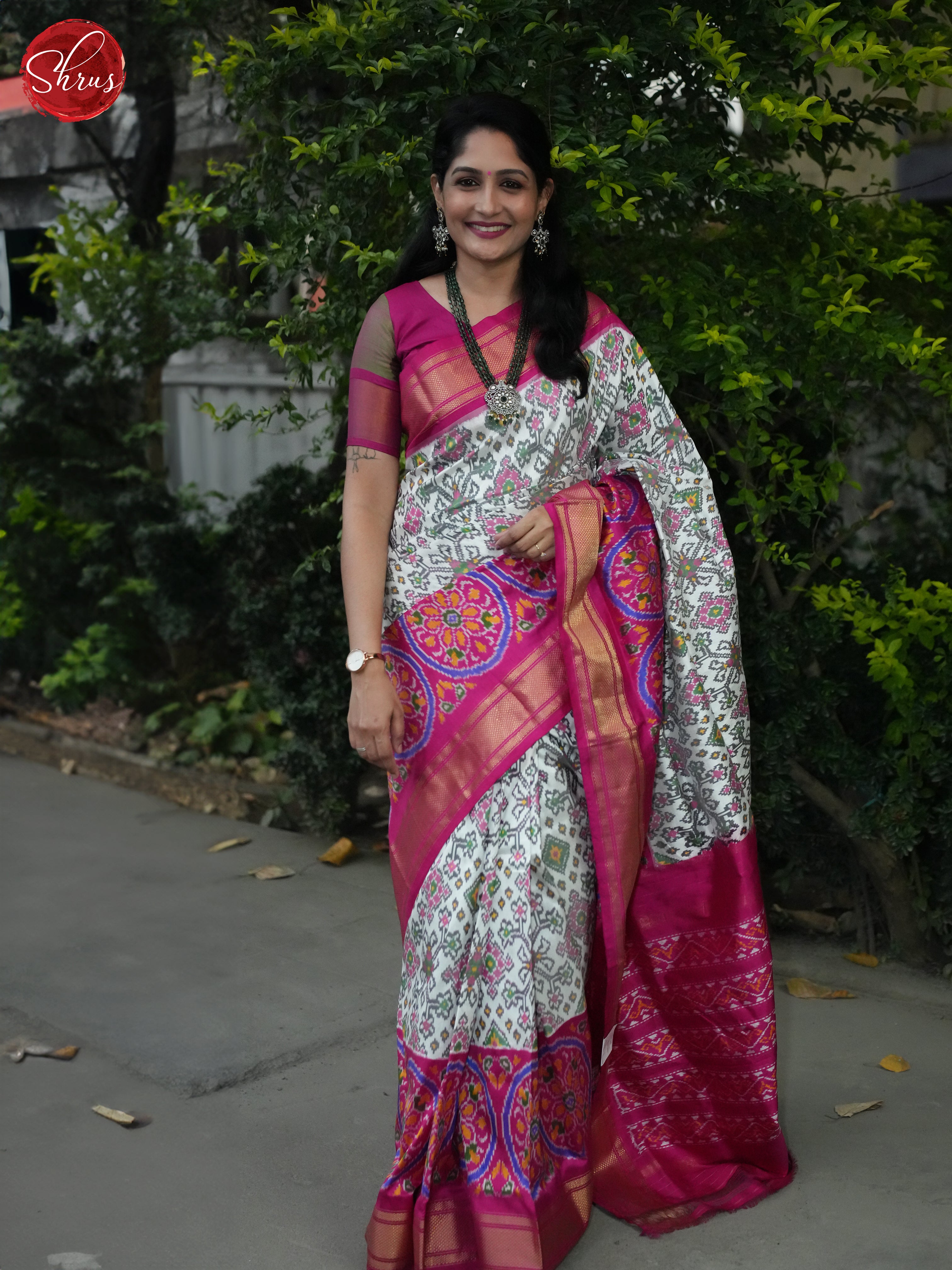 cream and pink-Ikkat Silk saree - Shop on ShrusEternity.com