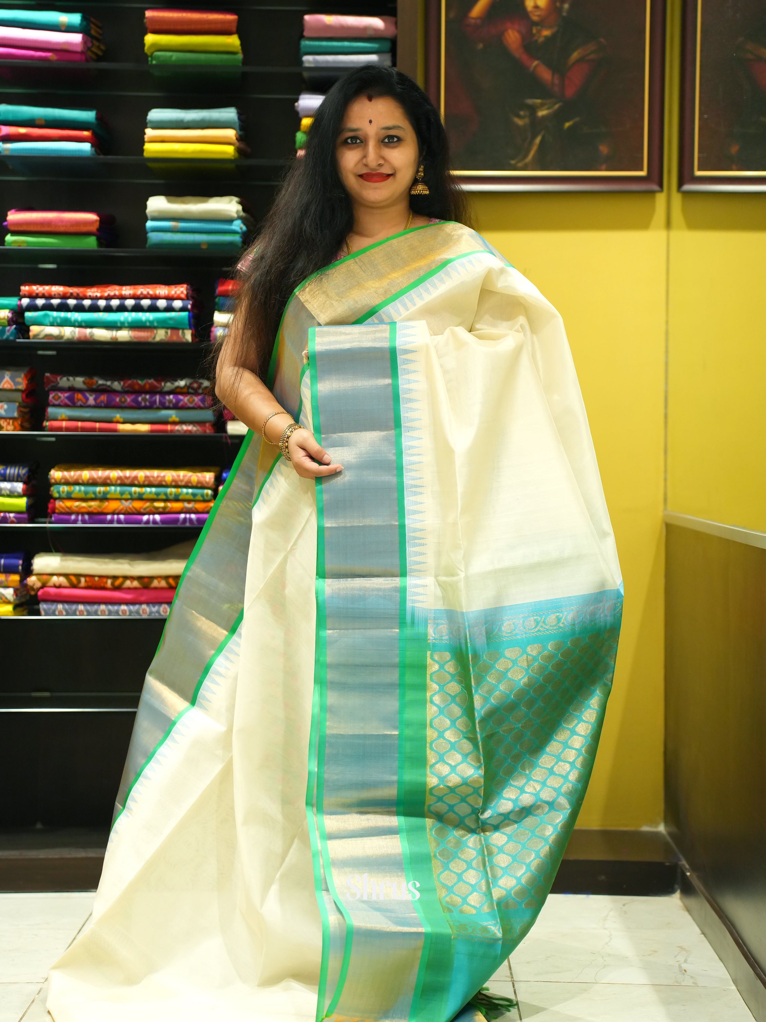 Cream And green - Silk Cotton Saree - Shop on ShrusEternity.com