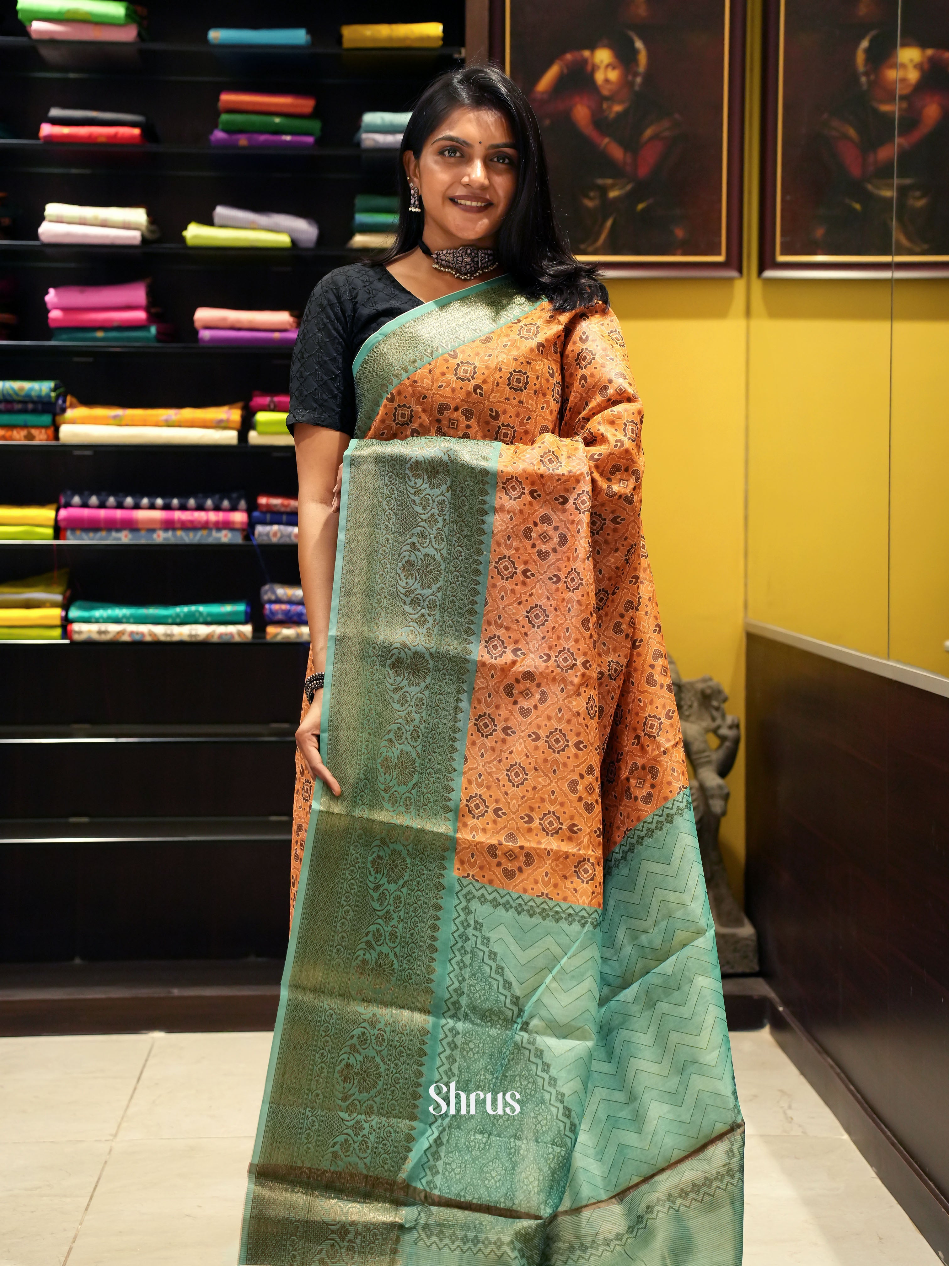 Mustard & Green - Semi chanderi Saree - Shop on ShrusEternity.com