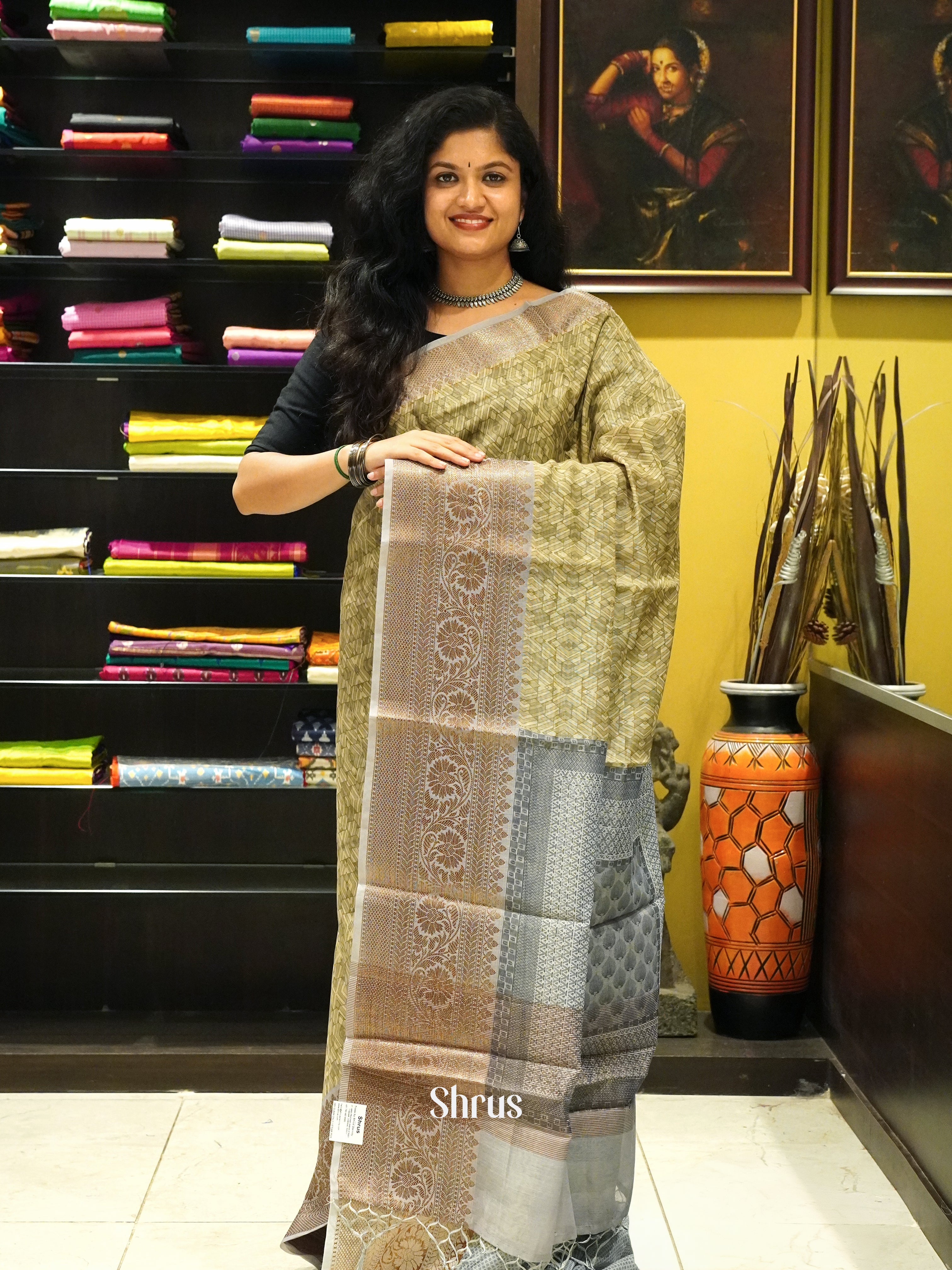 Army Green & Grey- Semi chanderi Saree - Shop on ShrusEternity.com