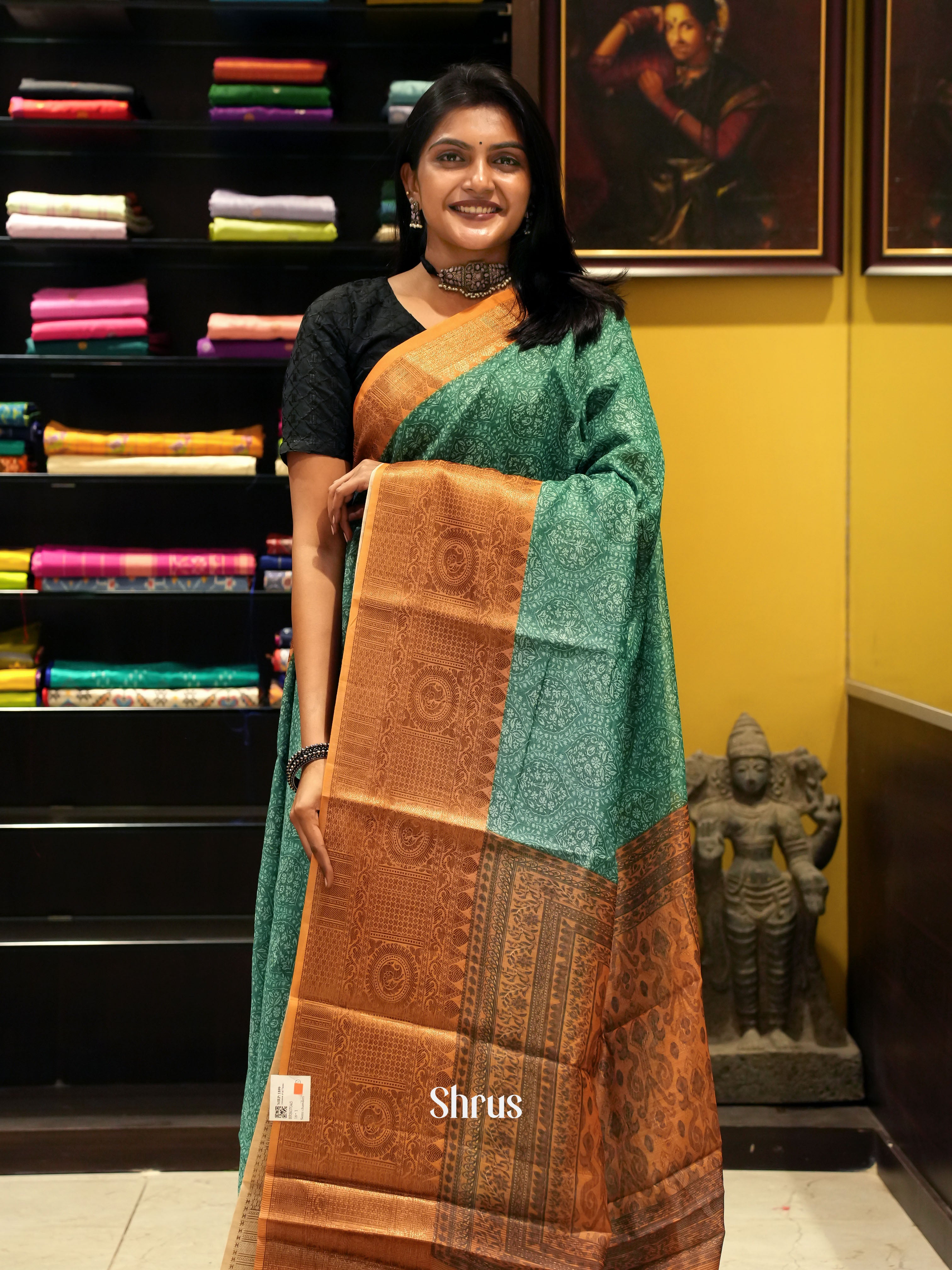 Green & Mustard- Semi chanderi Saree - Shop on ShrusEternity.com