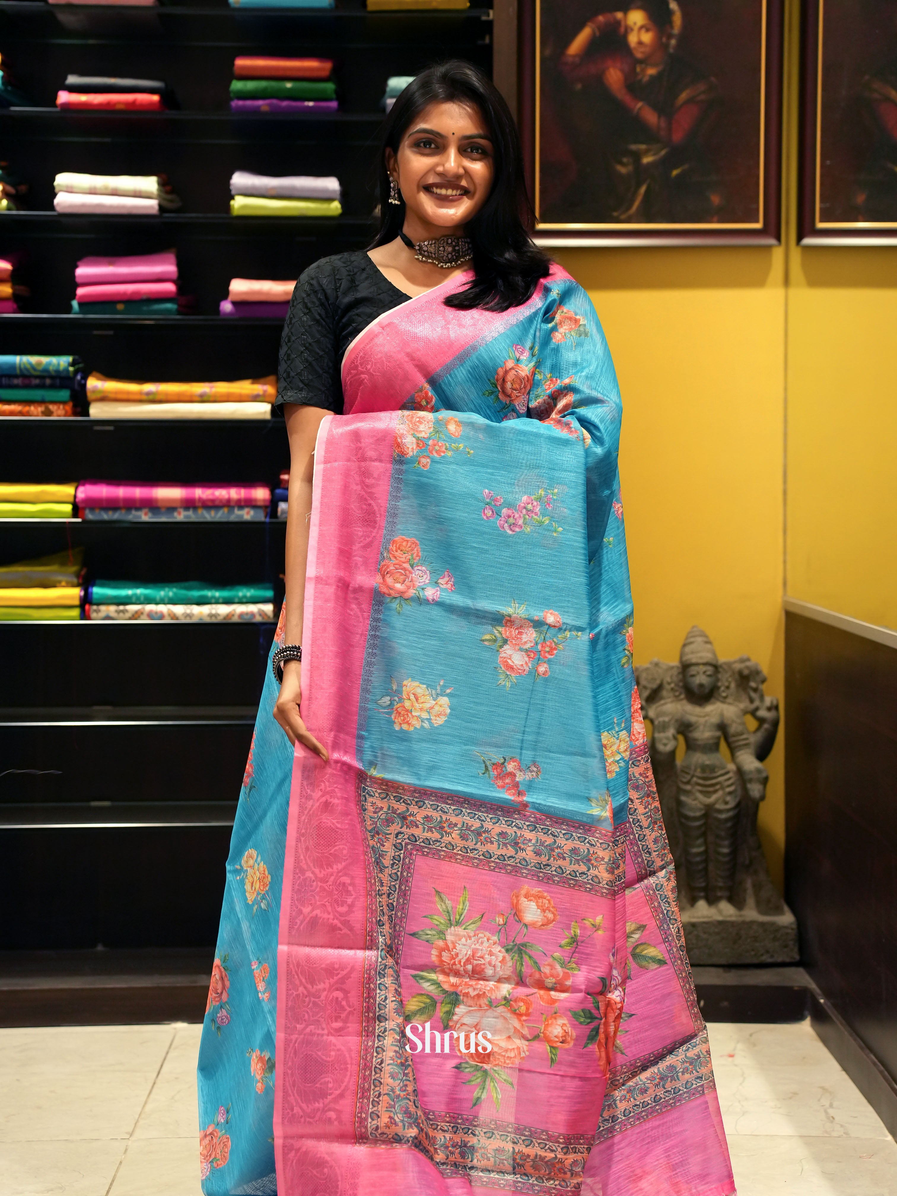 Blue & Pink - Semi chanderi Saree - Shop on ShrusEternity.com