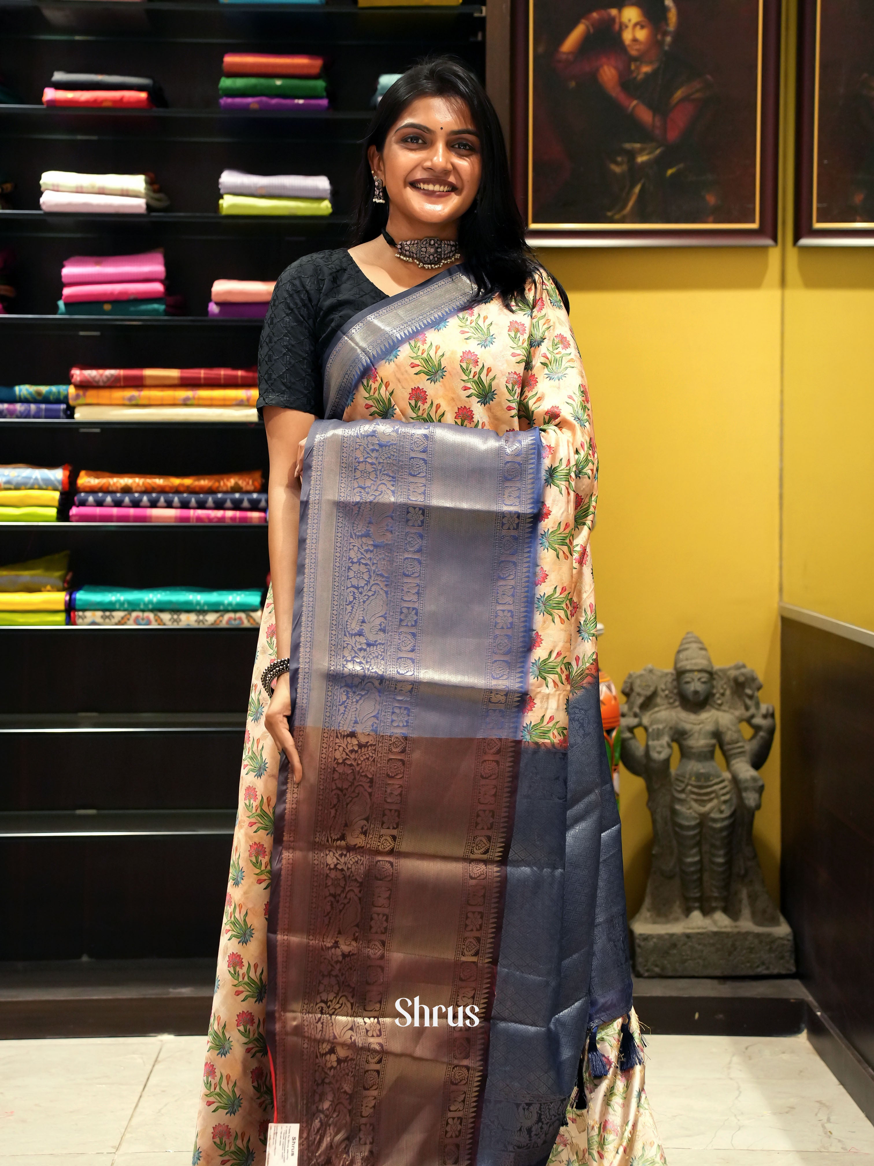Beige and Dark Blue - Semi Dupion with floral print on the body & Contrast zari Border - Shop on ShrusEternity.com