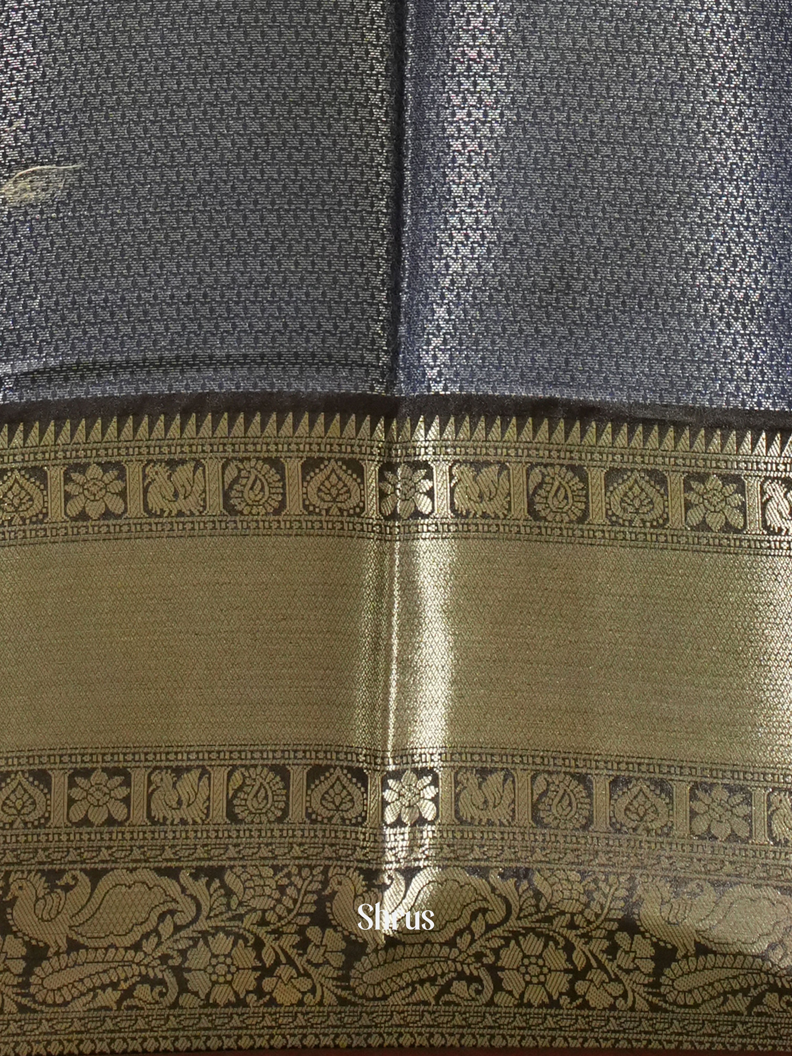 Beige and Dark Blue - Semi Dupion with floral print on the body & Contrast zari Border - Shop on ShrusEternity.com