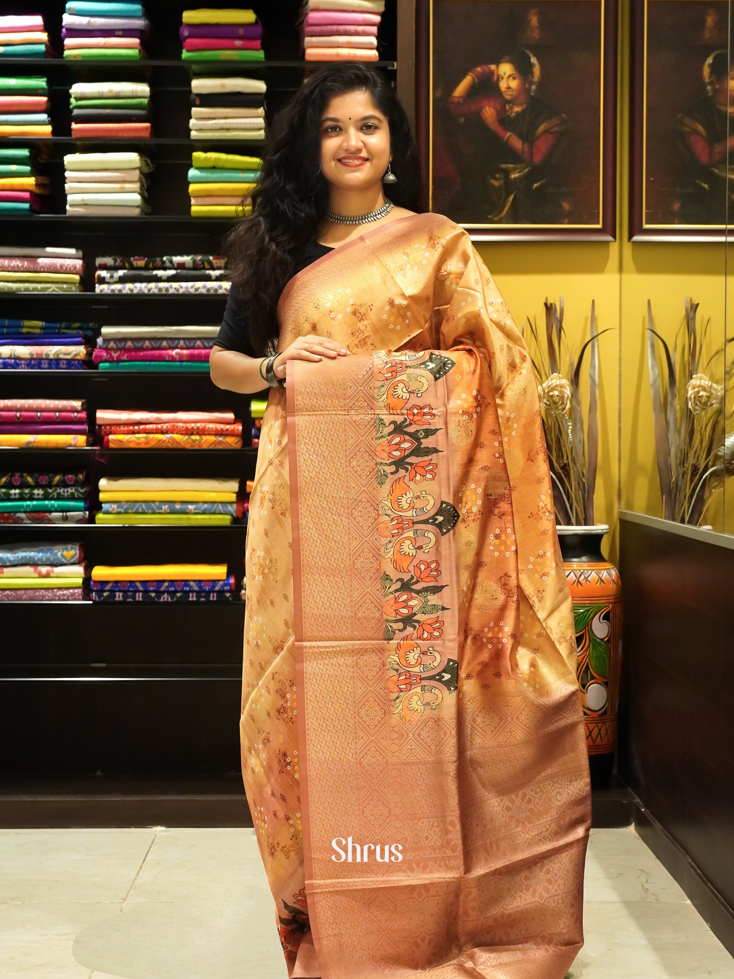 Gold & Onion pink -Semi dupion with floral print on the body & Contrast zari Border - Shop on ShrusEternity.com