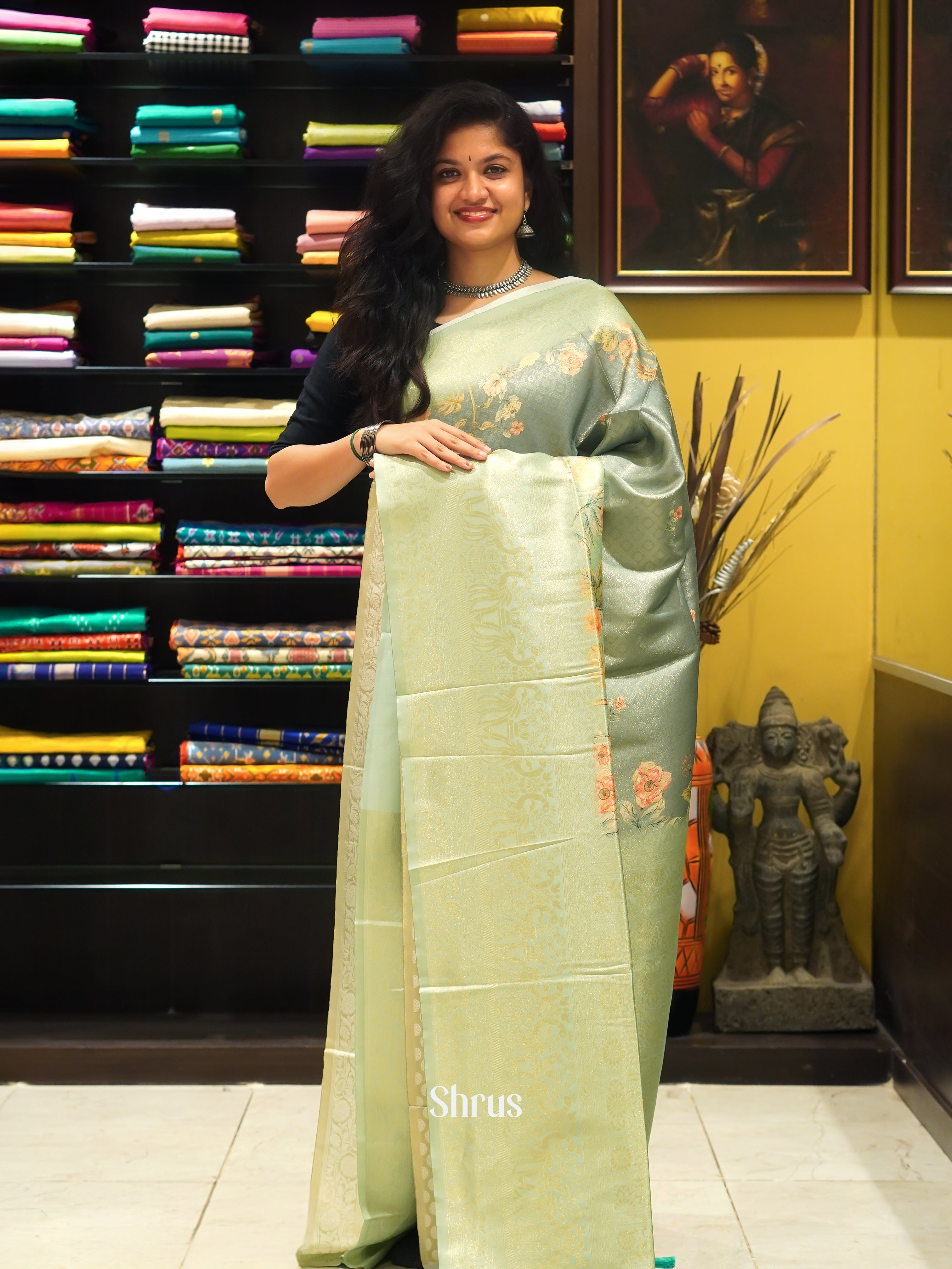 Pastel Green(Single Tone)- Semi Georgette Saree - Shop on ShrusEternity.com