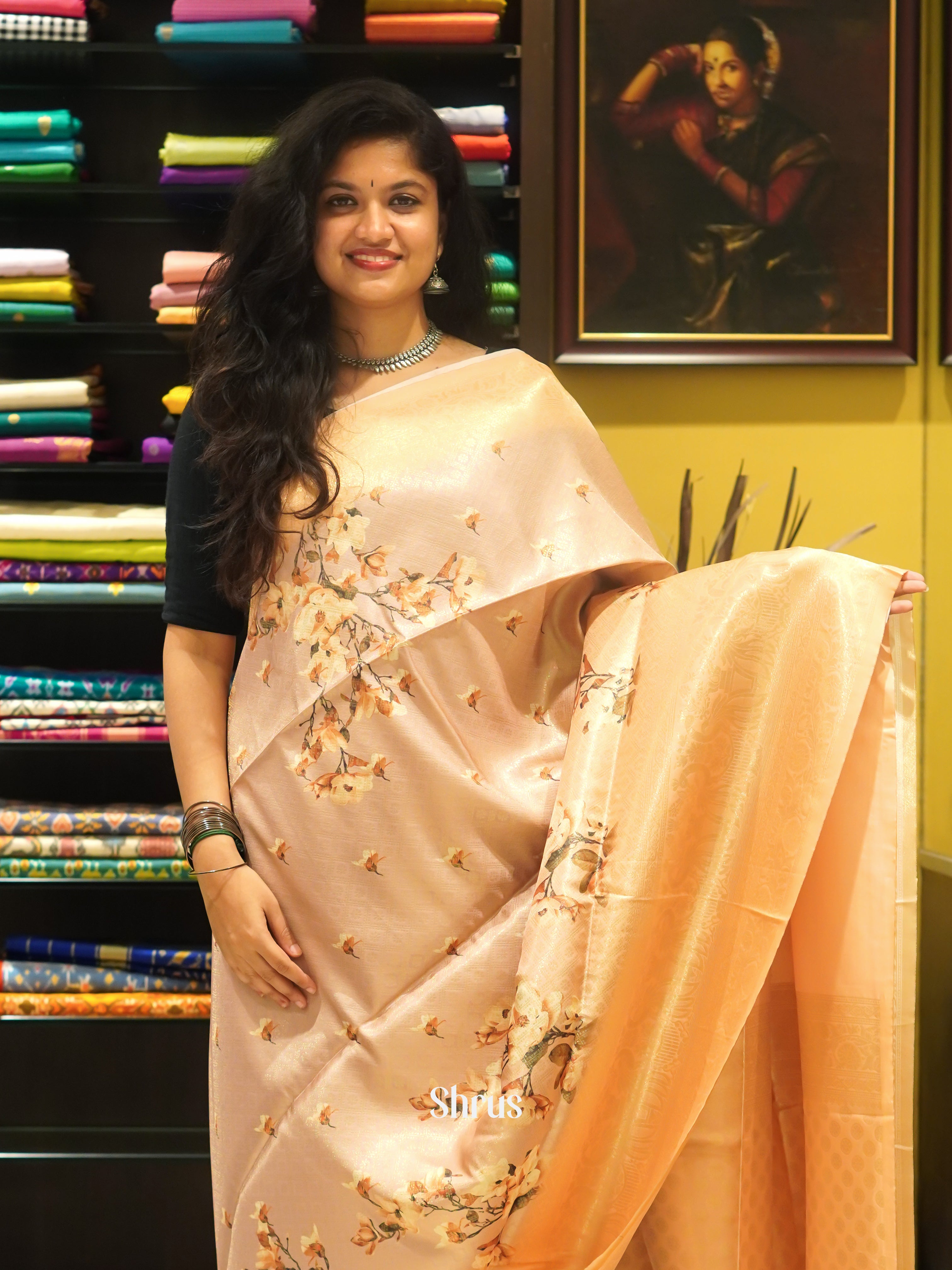 Peach & Mild Lavender - Semi Georgette Saree - Shop on ShrusEternity.com